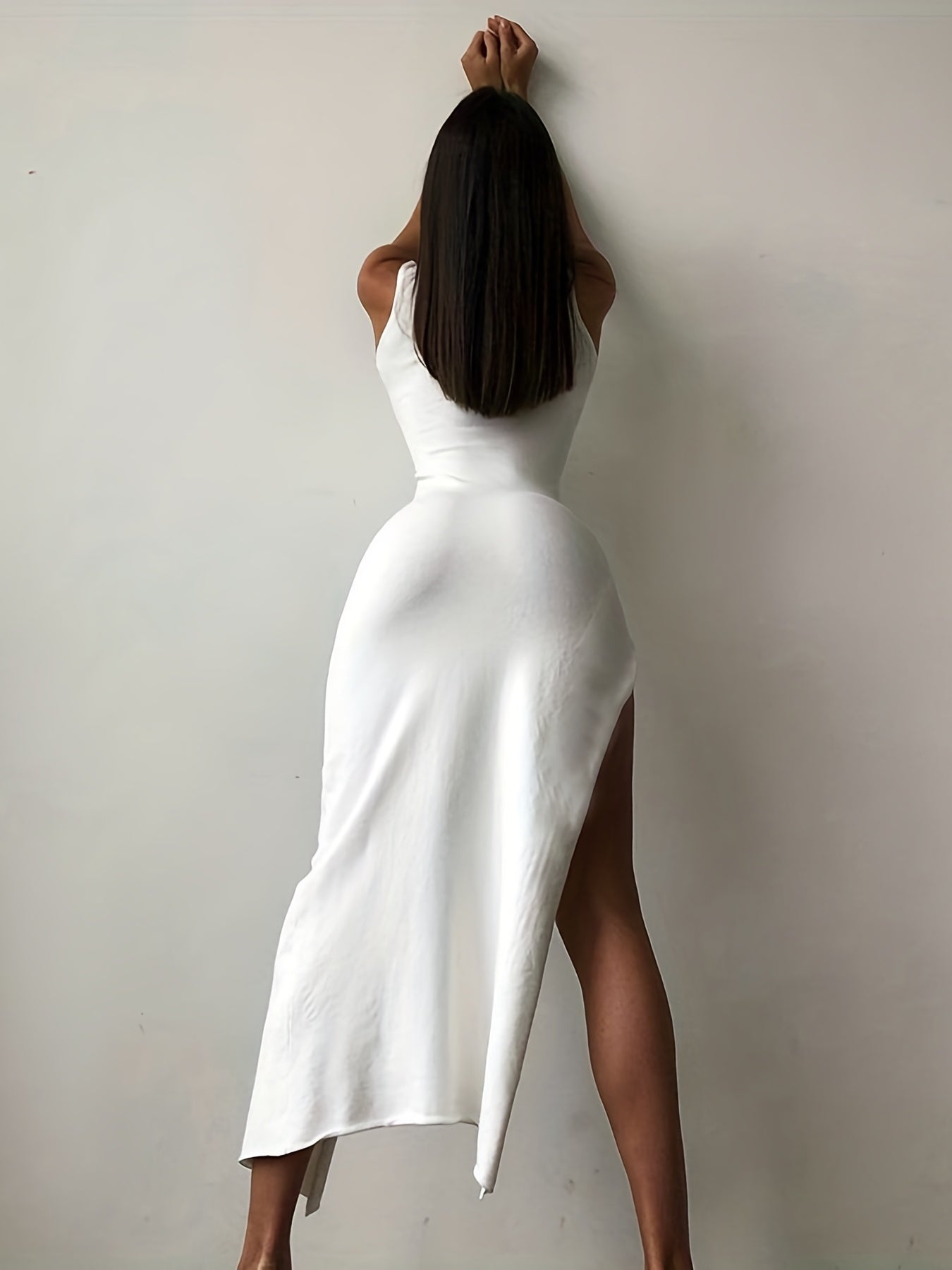 High Neck Bodycon Dress, Sleeveless Side Slit Casual Dress For Summer & Spring, Women's Clothing