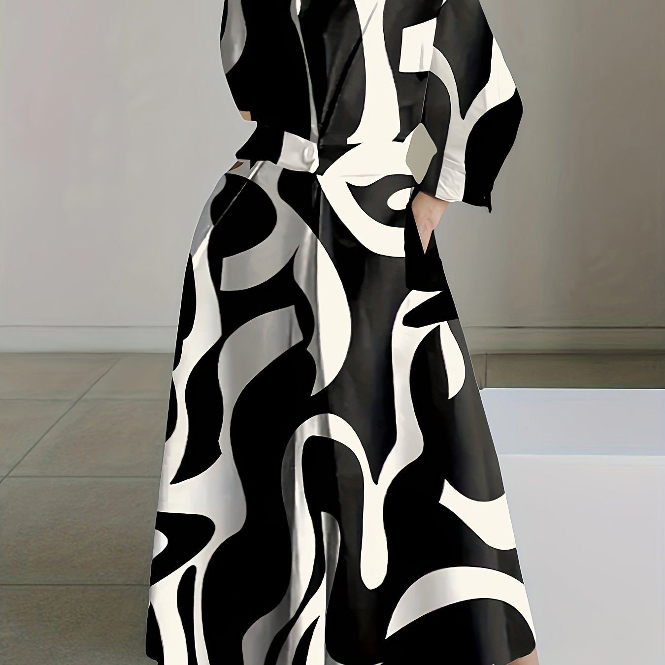 Geo Print V Neck Dress, Elegant Long Sleeve Simple Dress, Women's Clothing