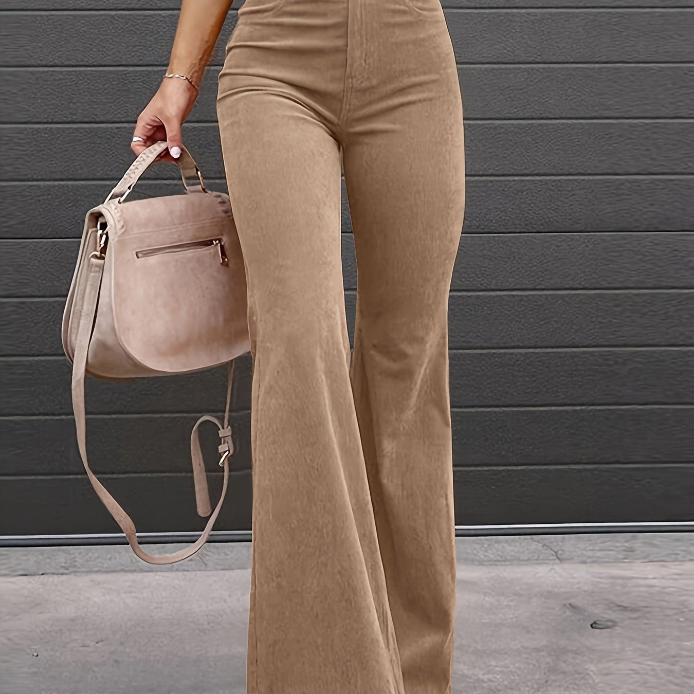 gbolsos Solid Color Corduroy Flare Leg Pants, Elegant Forbidden Pocket Pants For Spring & Fall, Women's Clothing