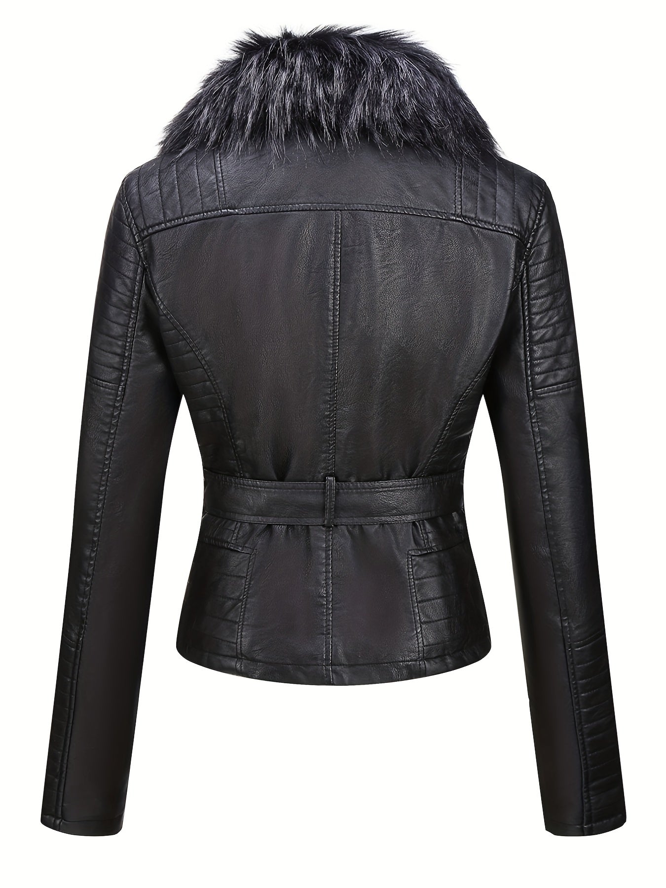 gbolsos Fluffy Trim PU Leather Jacket, Street Wear Long Sleeve Moto Jacket, Women's Clothing