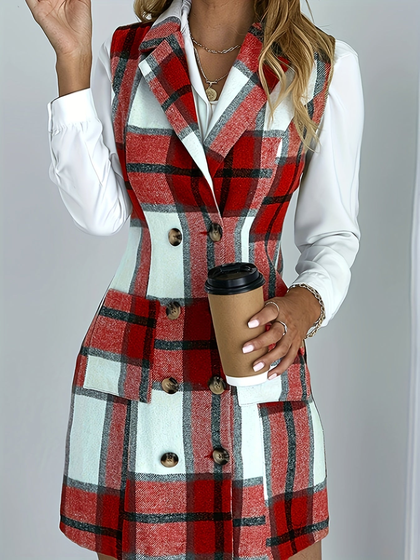 gbolsos Lapel Sleeveless Plaid Cardigan, Mature Double Breasted Button Pockets Mid Length Sweater, Women's Clothing