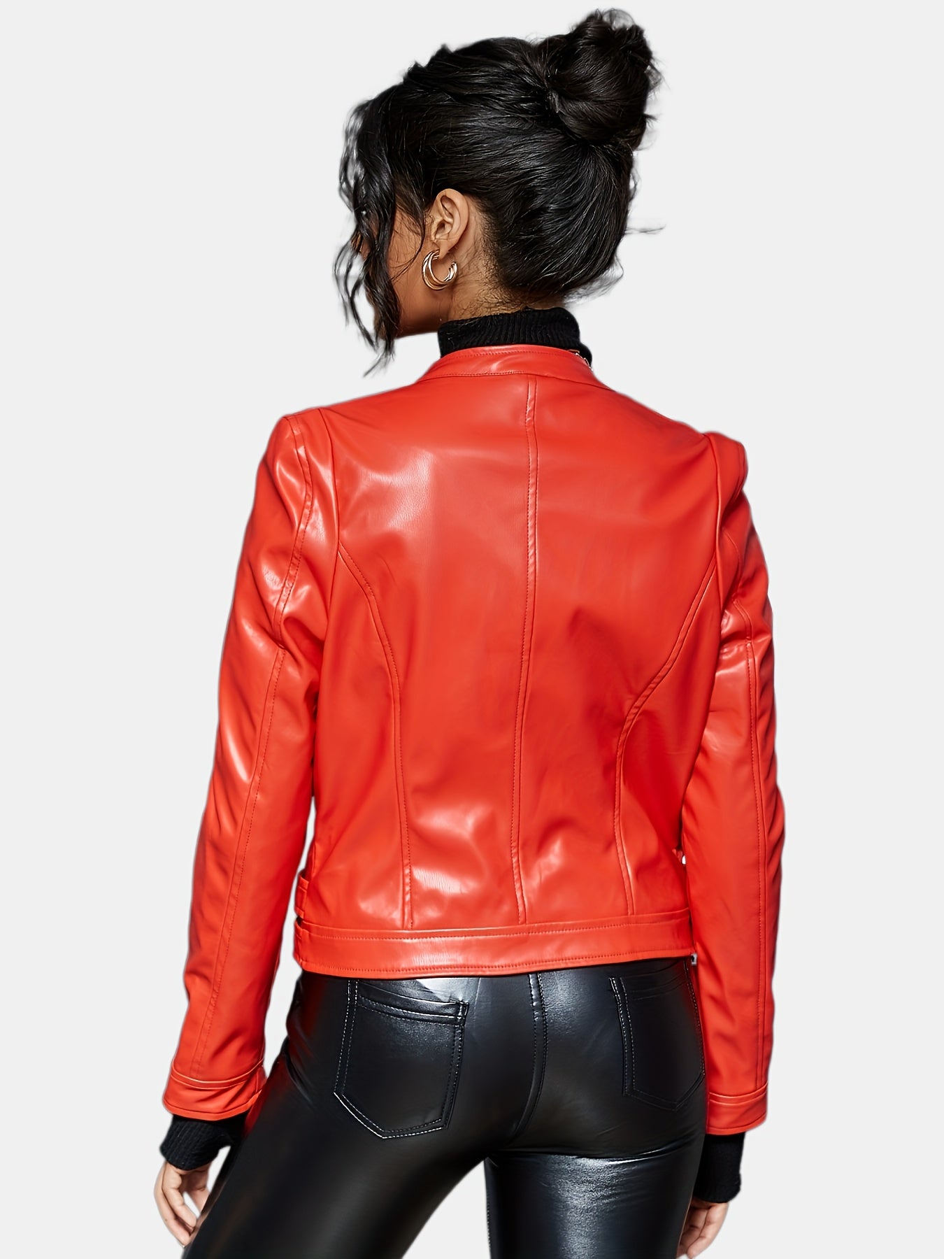 gbolsos Solid Zipper Faux Leather Jacket, Vintage Lapel Long Sleeve Biker Jacket, Women's Clothing