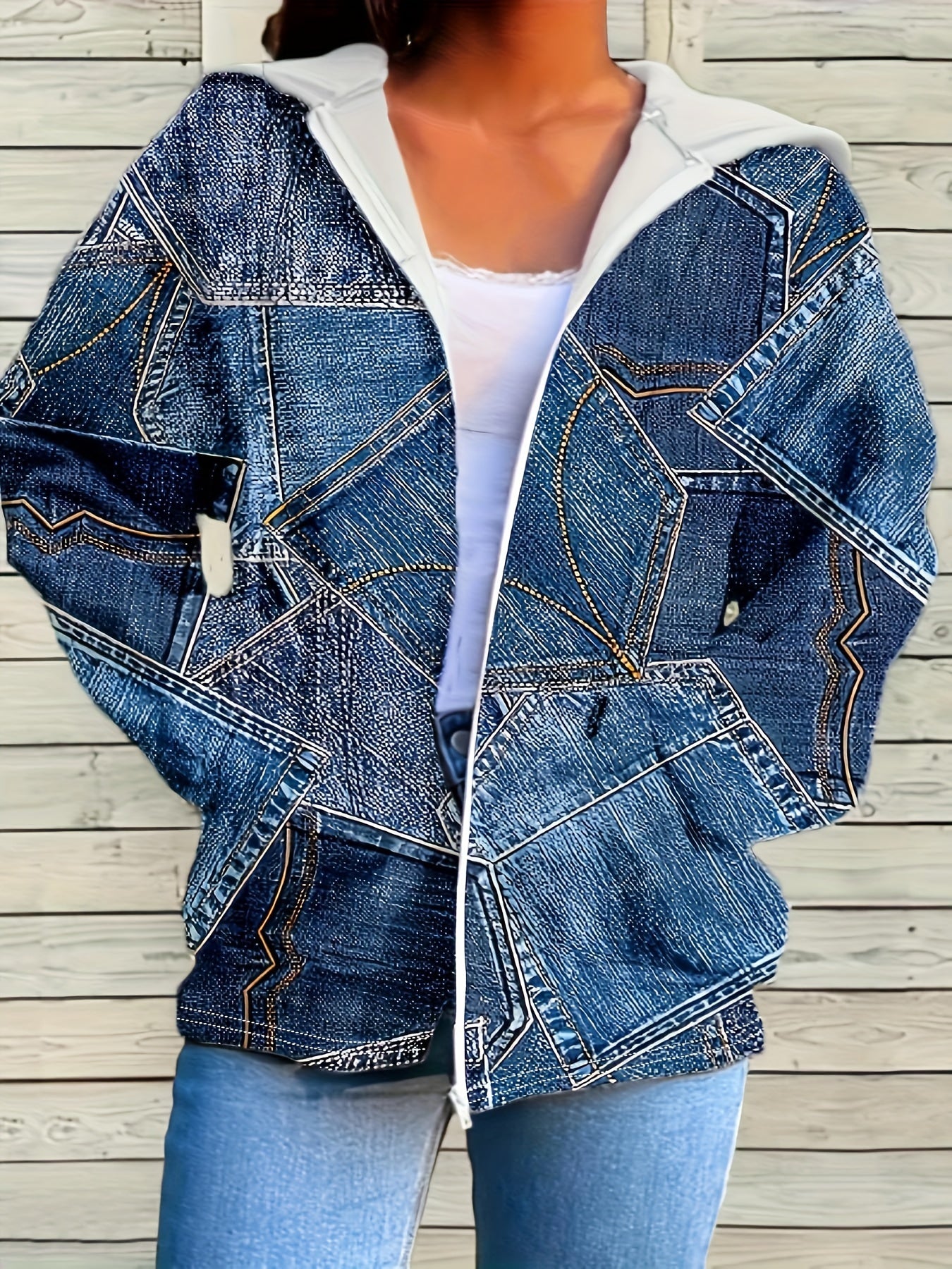Plus Size Casual Coat, Women's Plus Denim Print Hoodie Long Sleeve Coat With Pockets