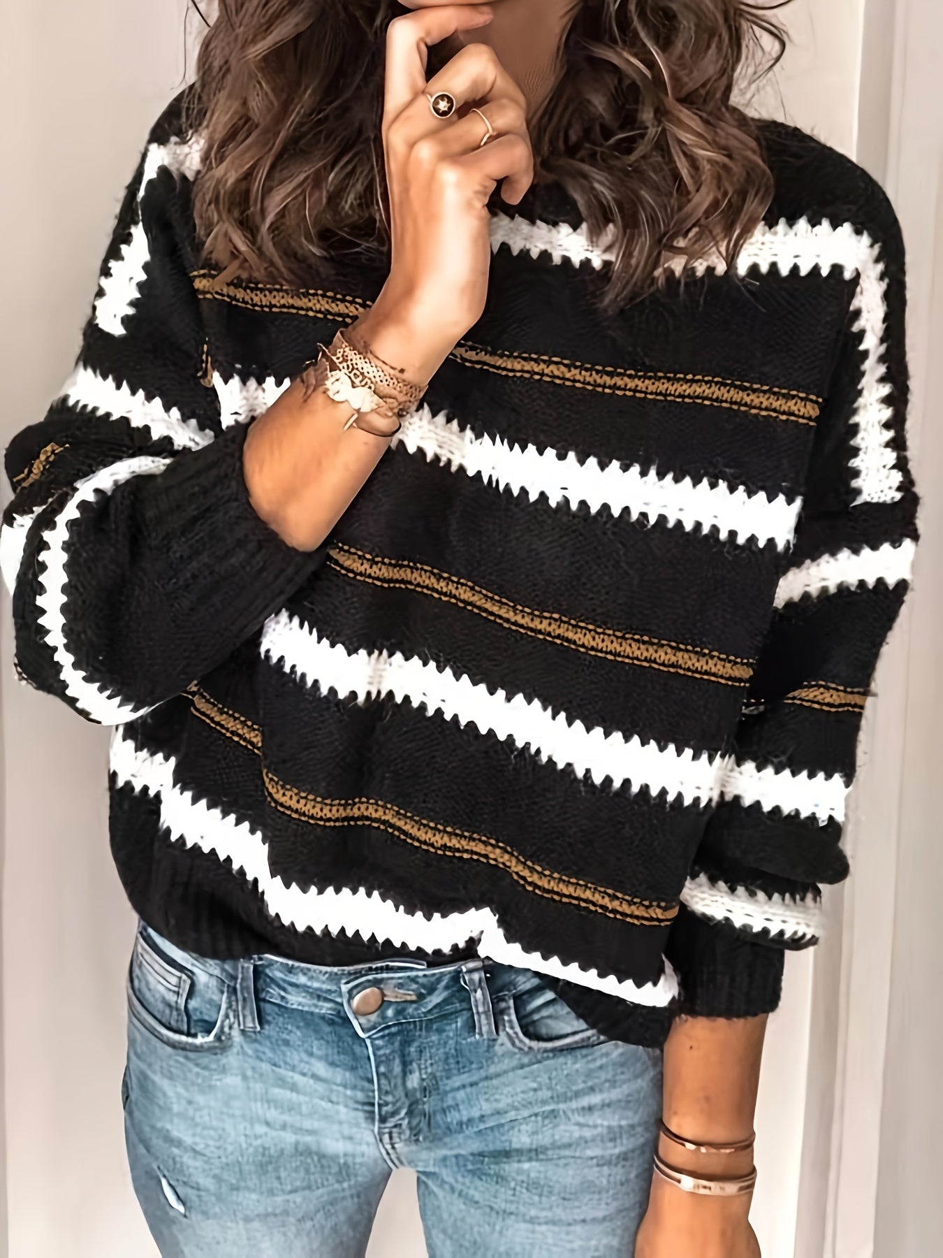 gbolsos Striped Pattern Crew Neck Knitted Top, Casual Long Sleeve Pullover Sweater For Fall & Winter, Women's Clothing