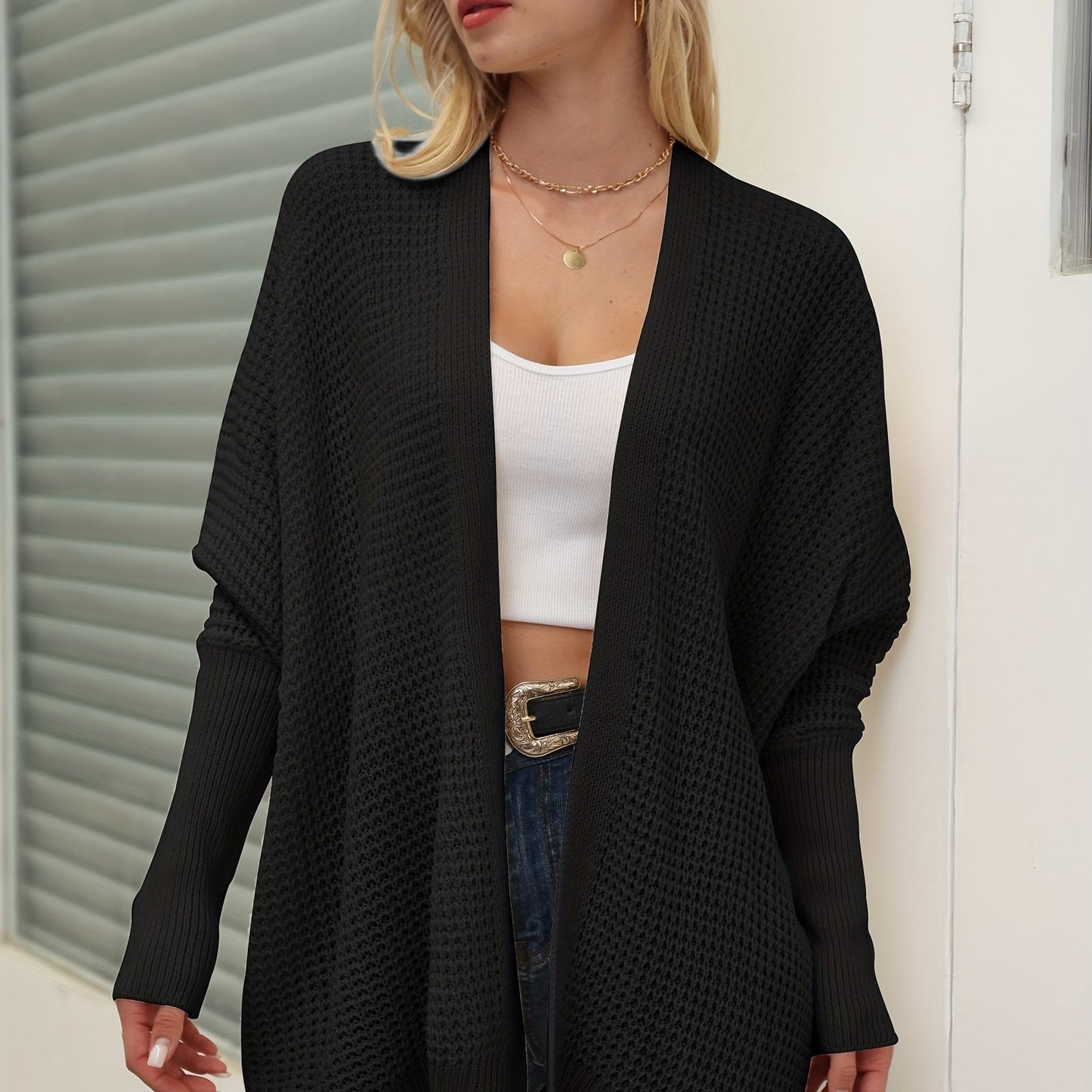 gbolsos Solid Simple Knit Cardigan, Casual Long Sleeve Open Front Sweater, Women's Clothing