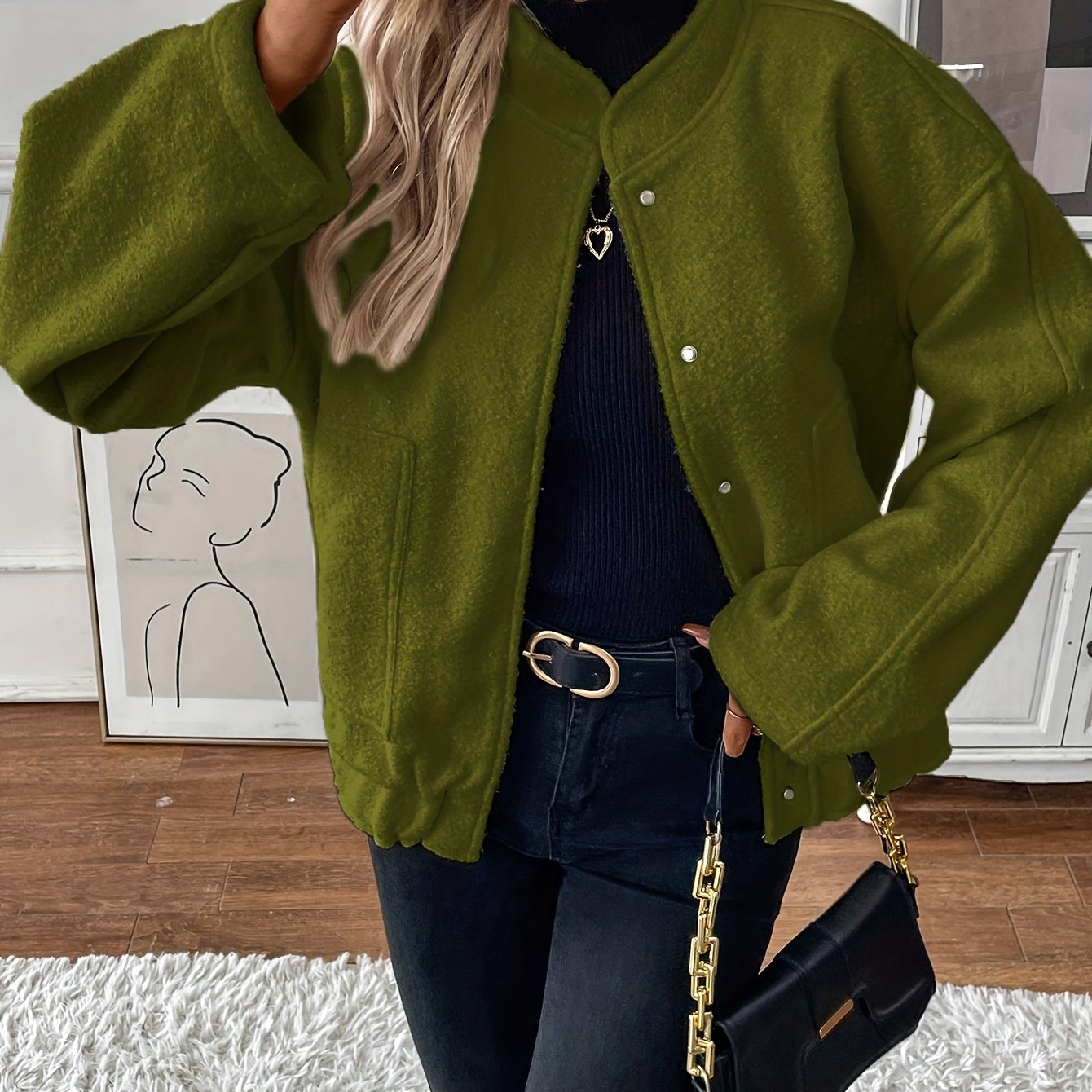 gbolsos Button Front Top-stitching Jacket, Casual Long Sleeve Slant Pockets Jacket For Fall & Winter, Women's Clothing