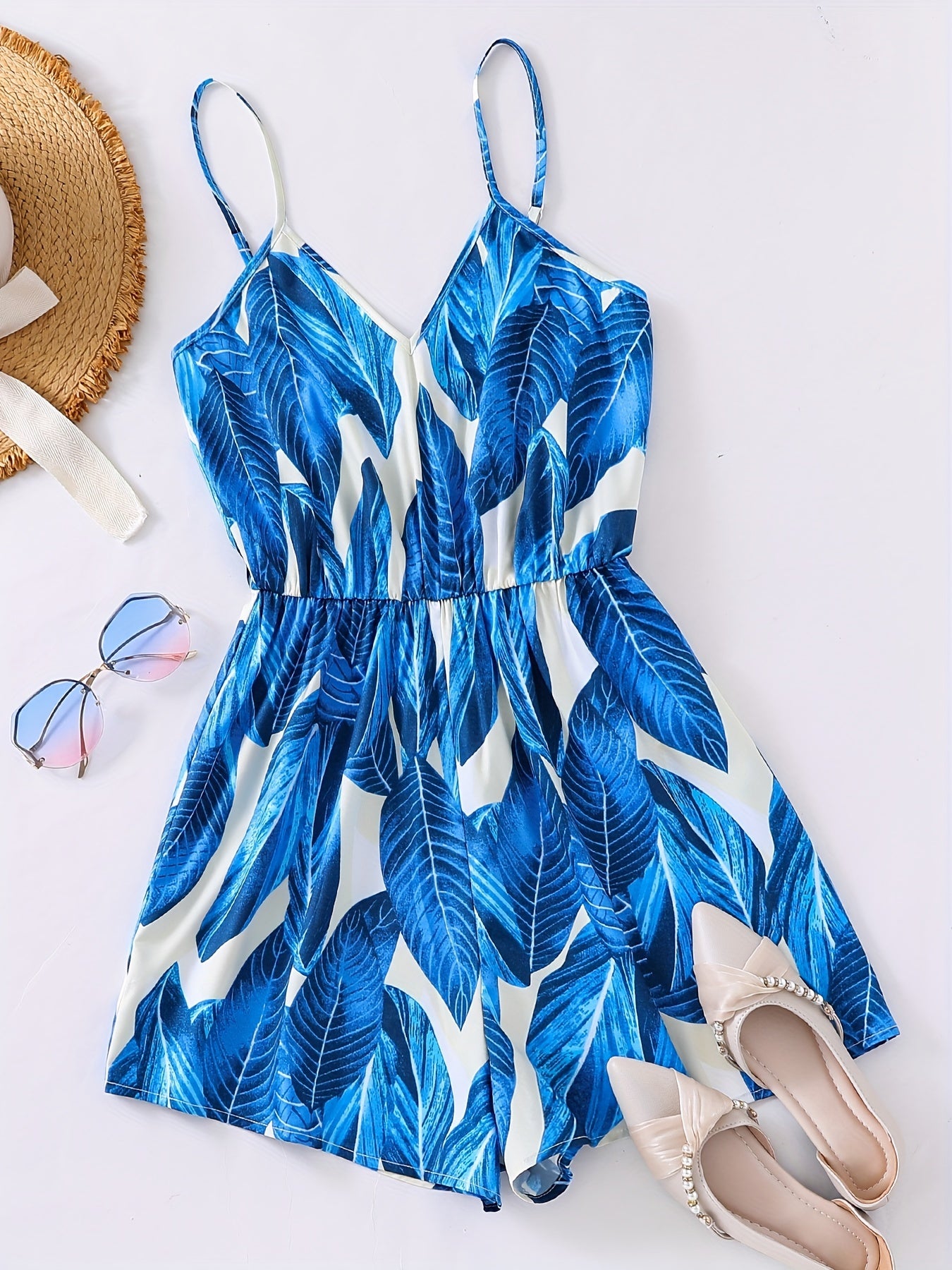 gbolsos Tropical Print V-neck Cami Romper Jumpsuit, Casual Sleeveless Romper Jumpsuit, Women's Clothing