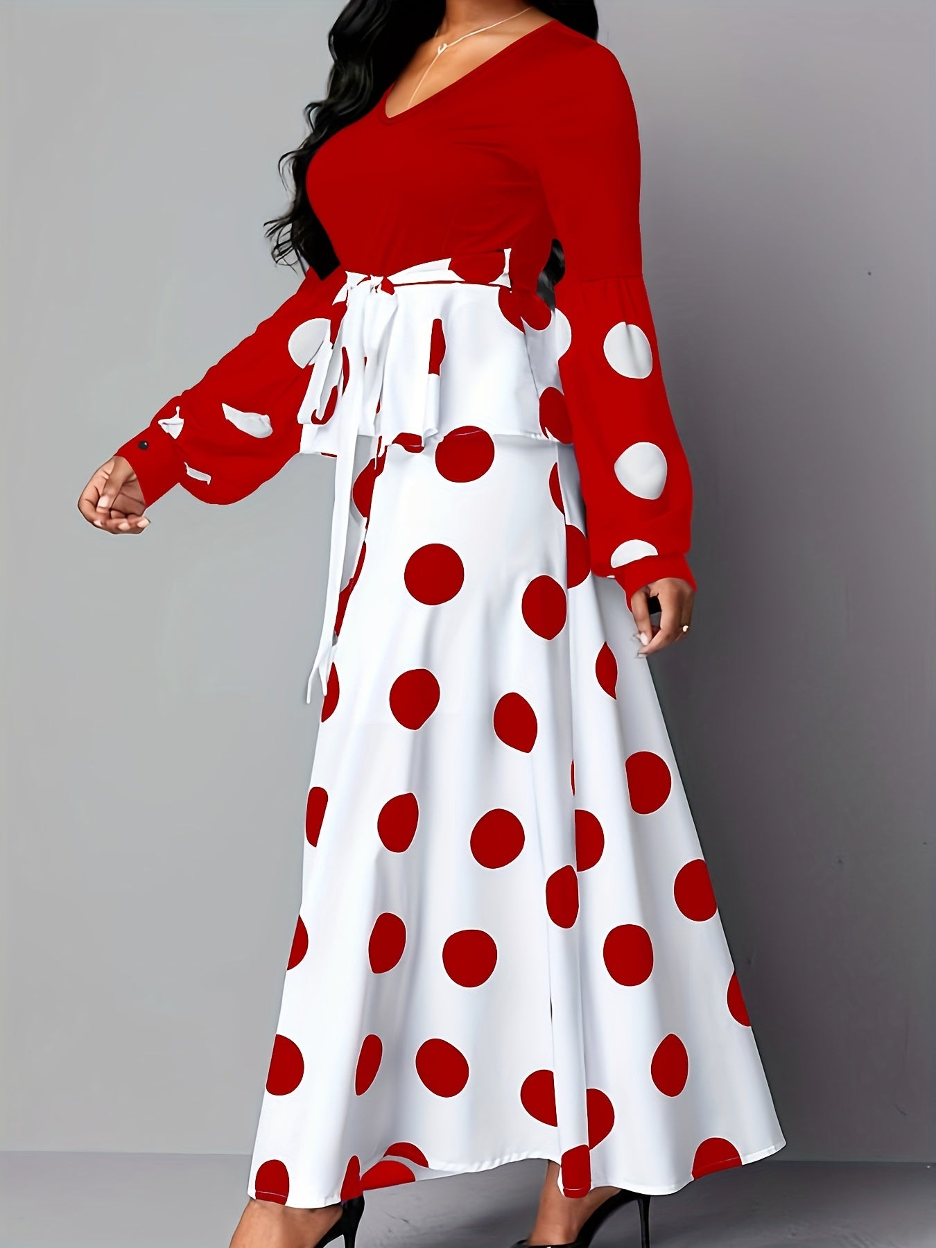 gbolsos Color Block Polka Dot V Neck Long Sleeve Dress, Elegant High Tie Waist Flared Maxi Dress, Women's Clothing