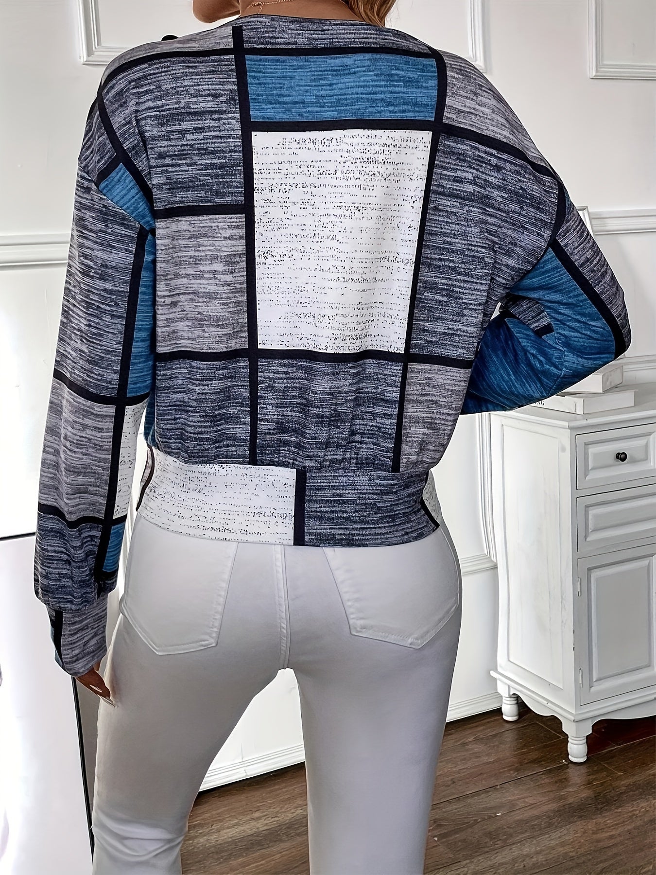 gbolsos Color Block Crew Neck T-Shirt, Casual Long Sleeve Top For Spring & Fall, Women's Clothing