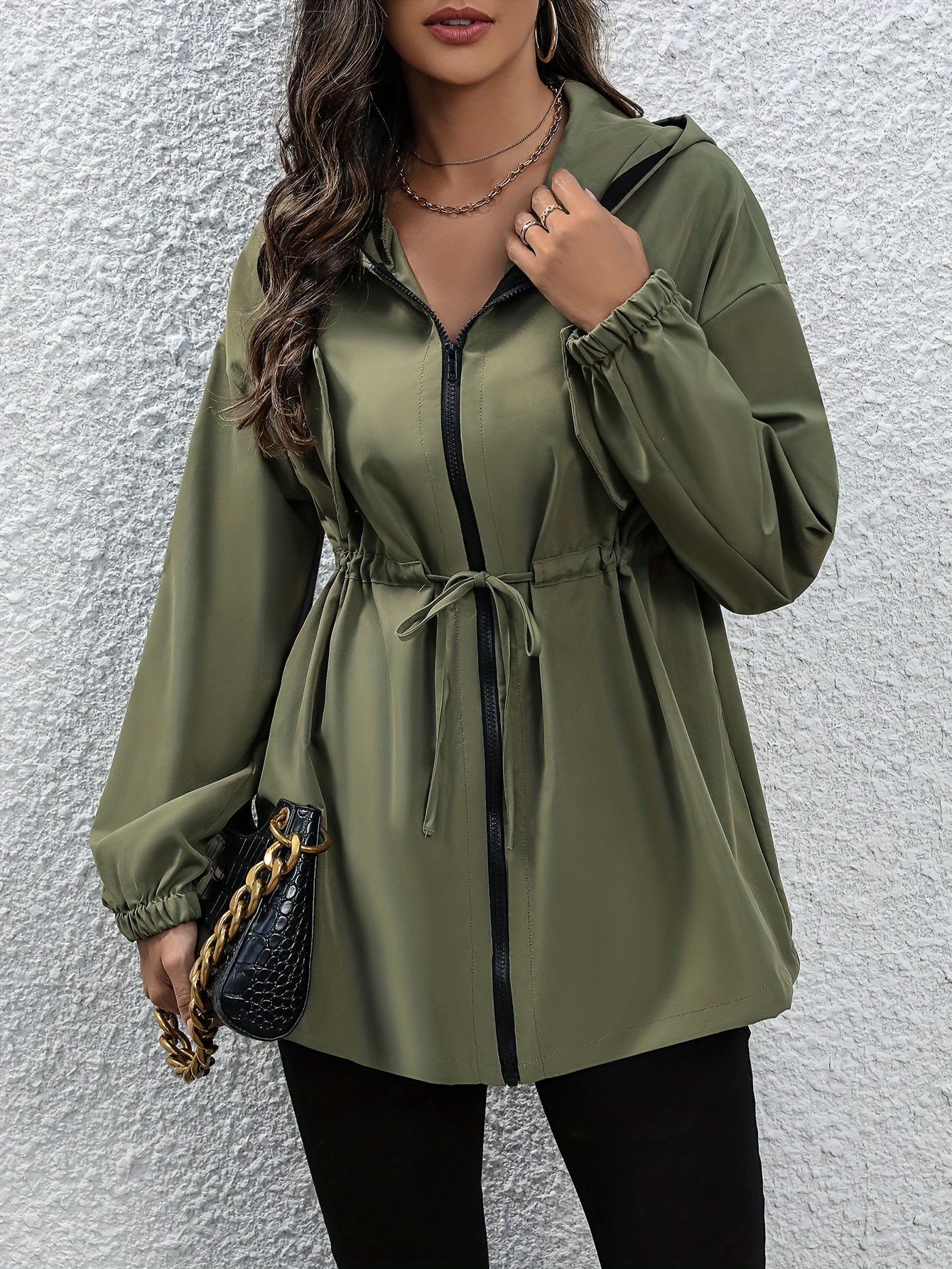gbolsos Zip Front Hooded Trench Coat, Casual Long Sleeve Coat For Fall & Winter, Women's Clothing