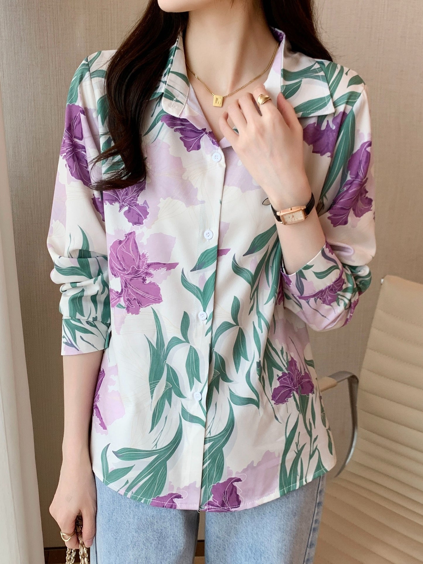 gbolsos Floral Print Polo Collar Button Shirt, Casual Long Sleeve Shirt For Spring & Fall, Women's Clothing