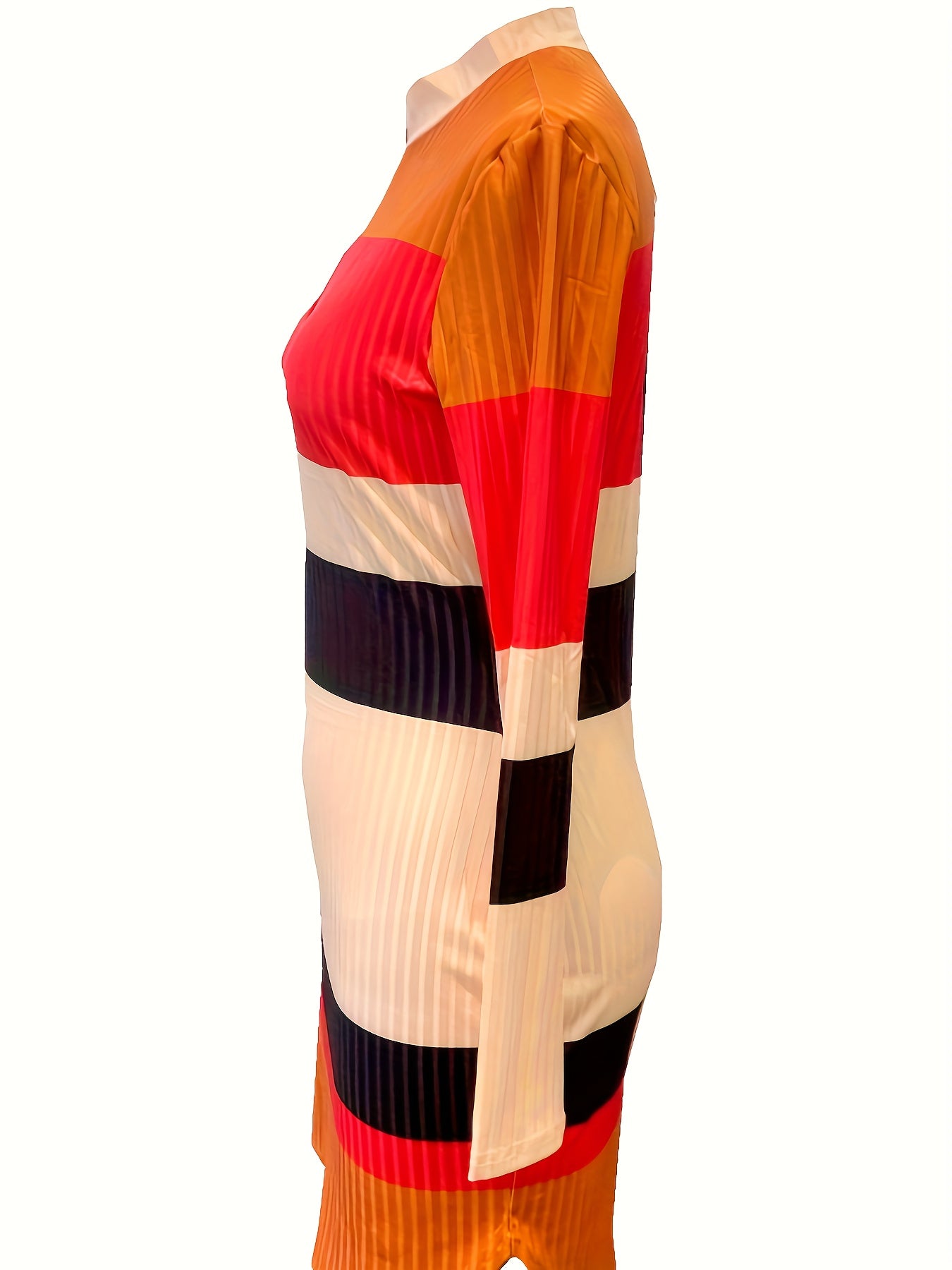 gbolsos Color Block Long Sleeve Zipper Dress, Ribbed Knit Tie-waist Mock Neck Dress For Spring & Fall, Women's Clothing