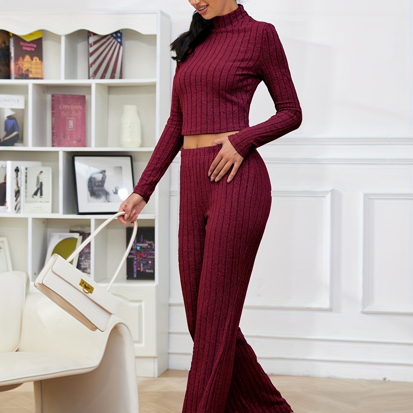 gbolsos Solid Ribbed Two-piece Set, High Neck Long Sleeve Tops & High Waist Flared Leg Pants Outfits, Women's Clothing