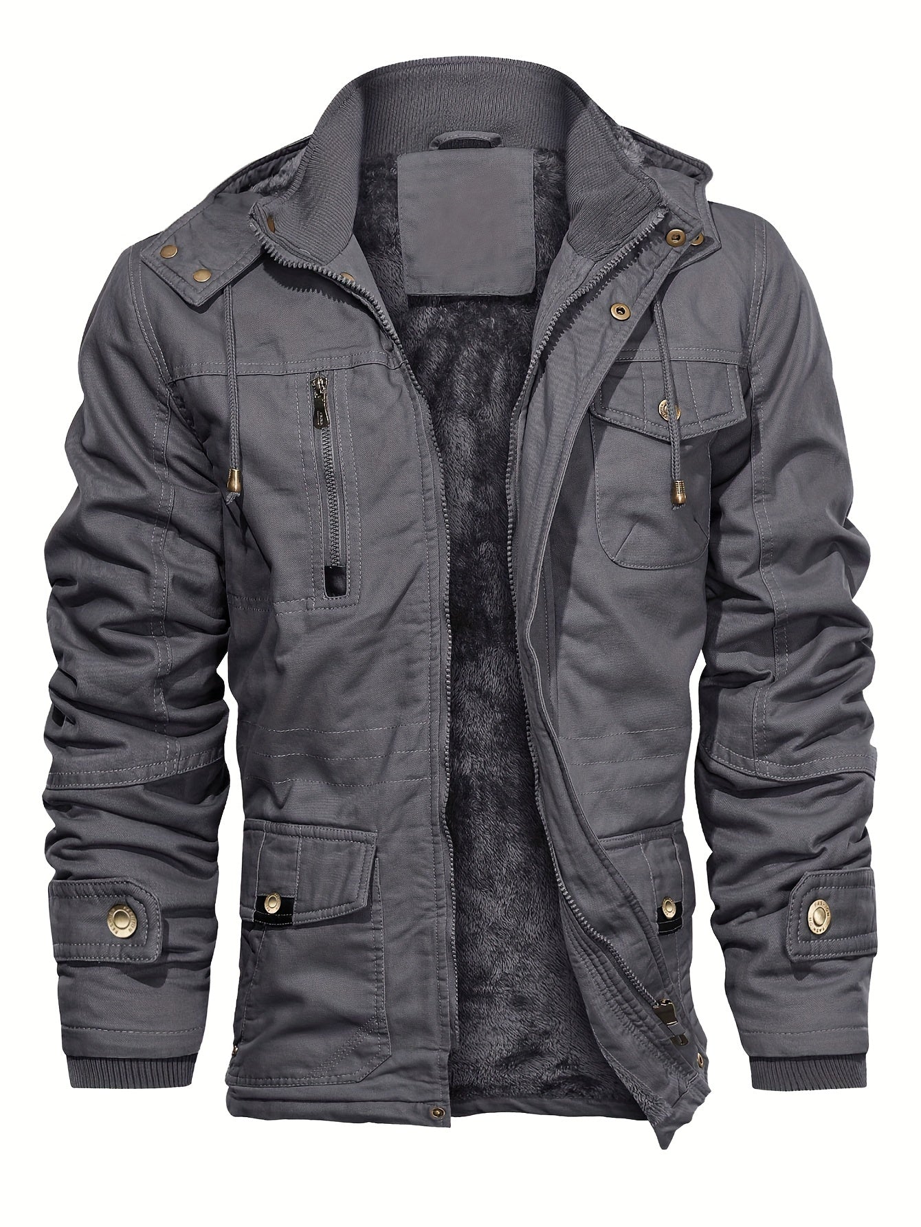 gbolsos Men's Winter Cargo Jackets Casual Thicken Multi-Pocket Outwear Fleece Lined Military Warm Coat Removable Hood