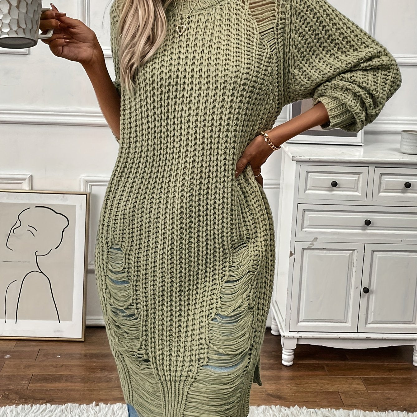 gbolsos Solid Crew Neck Ripped Split Pullover Sweater, Sexy Long Sleeve Sweater For Spring & Fall, Women's Clothing