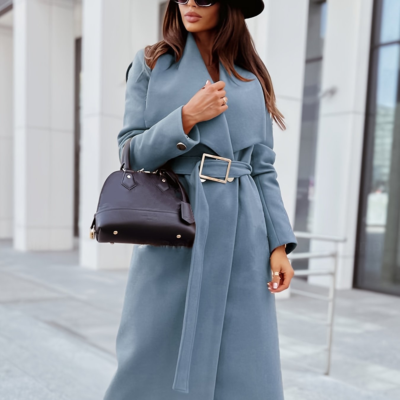 gbolsos Elegant Lapel Belt Long Coat, Casual Long Sleeve V-neck Fashion Loose Fall Winter Long Outerwear, Women's Clothing