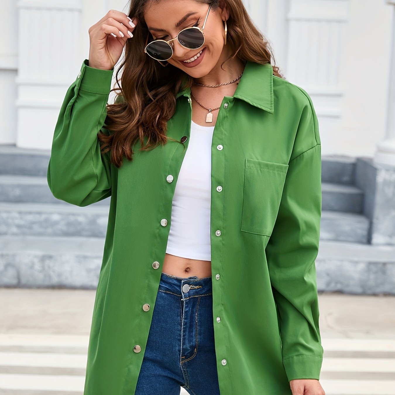 gbolsos Solid Pocket Polo Collar Shirt, Casual Long Sleeve Shirt For Spring & Fall, Women's Clothing