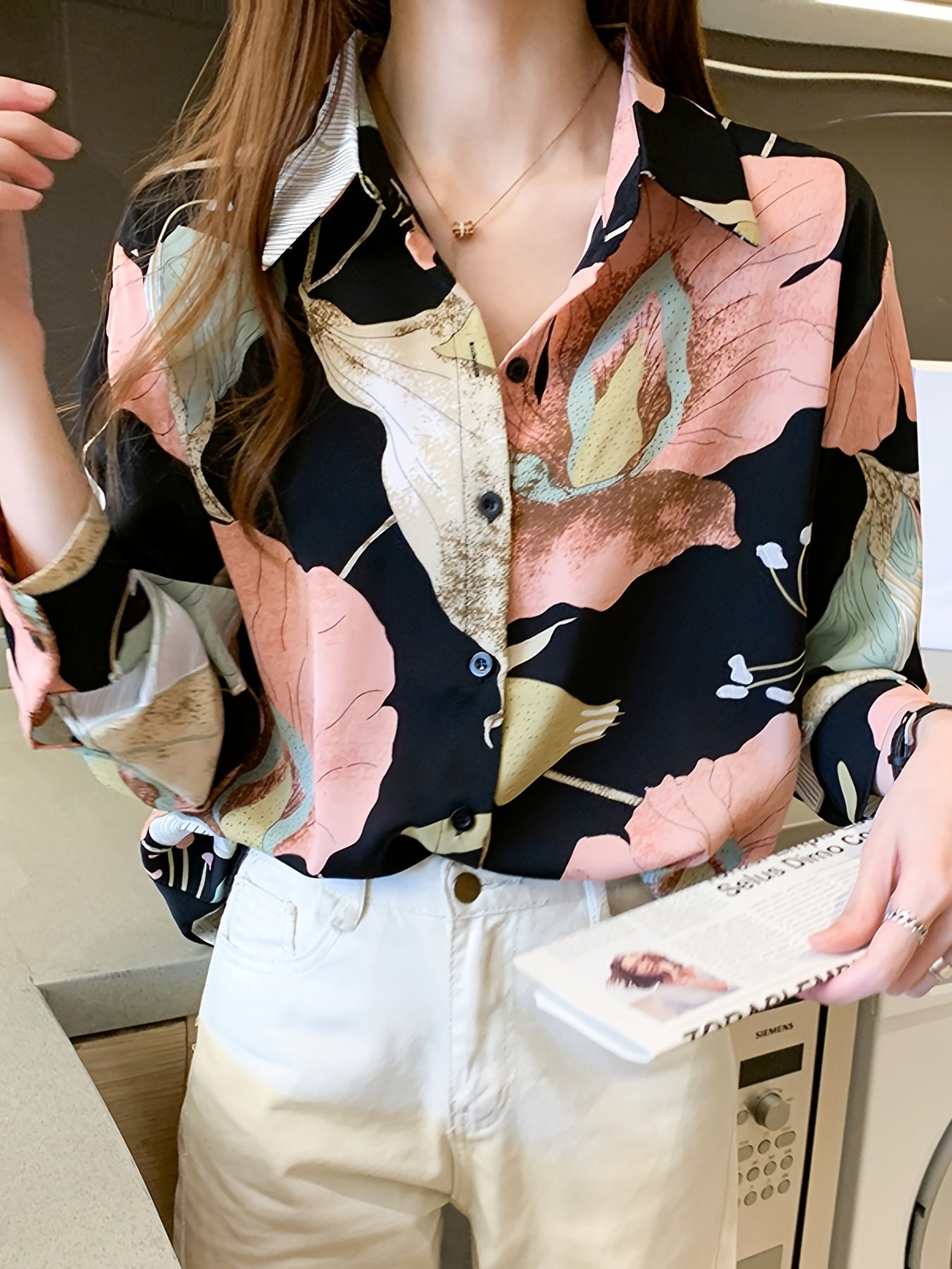 gbolsos Print V-neck Loose Lapel Blouses, Casual Button Down Long Sleeve Fashion Shirts Tops, Women's Clothing