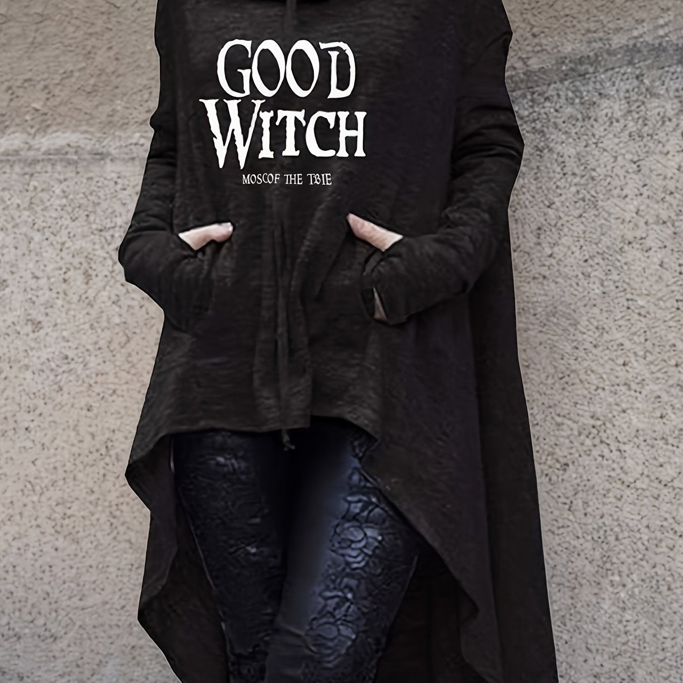 Halloween Letter Print Dipped Hem Hoodie, Casual Long Sleeve Drawstring Hoodies Sweatshirt, Women's Clothing