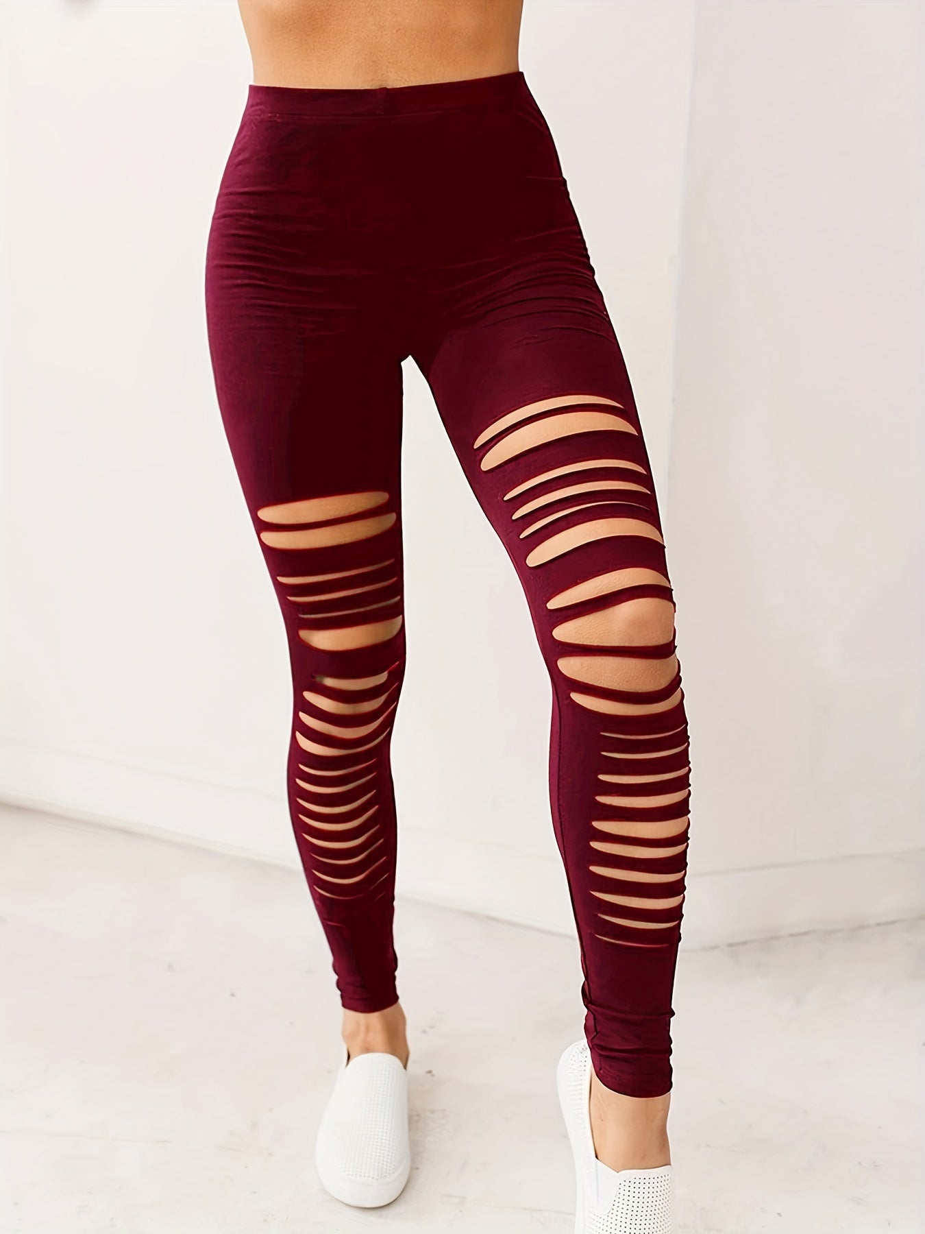 gbolsosBlack Ripped Skinny Pants, Casual High Waist Leggings For Spring & Summer, Women's Clothing