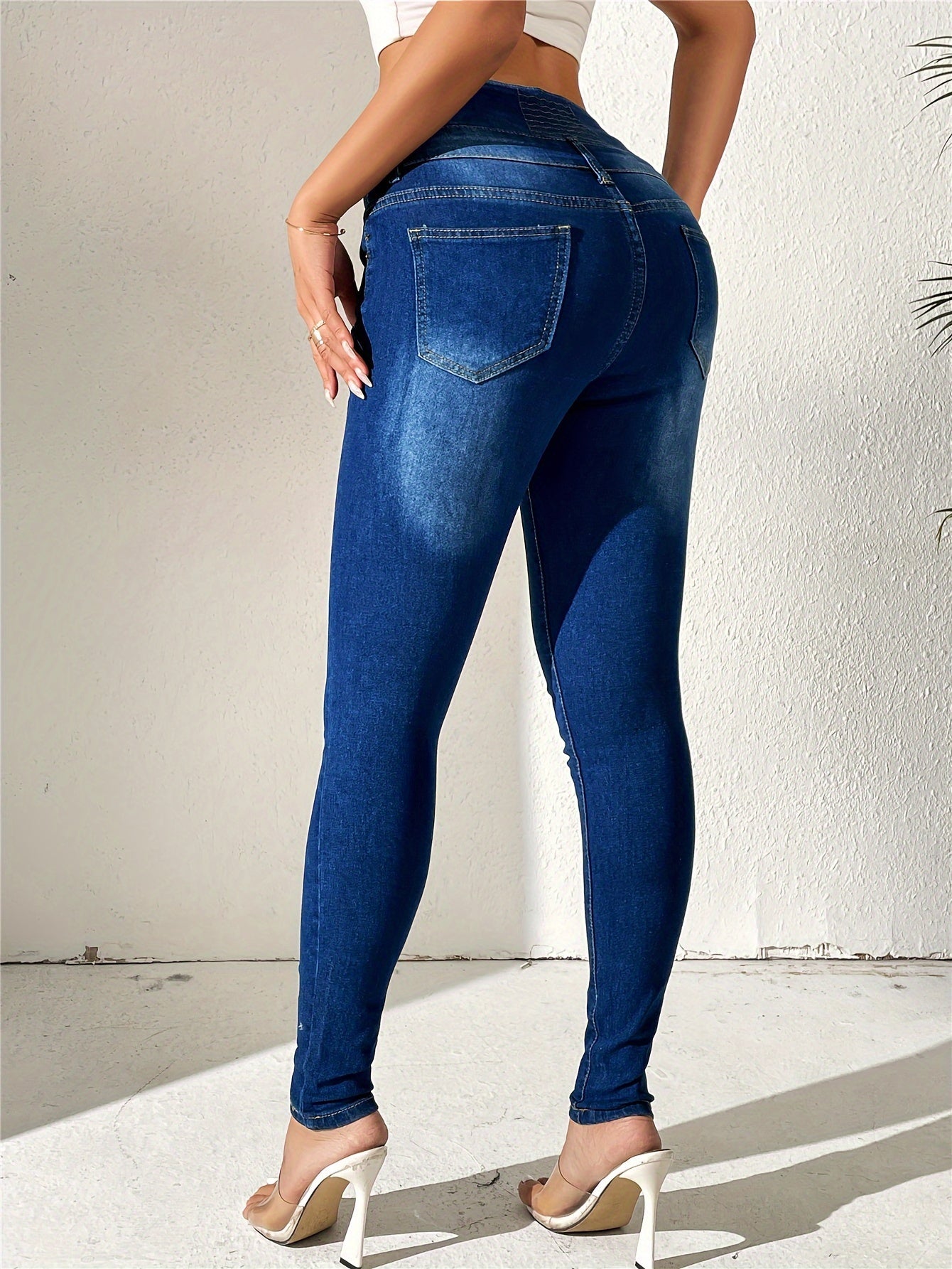 gbolsos High Rise Solid Color Skinny Slim Jeans, Multi Buttons Slash Pockets Washed Blue Women's Trousers, High Waist Stretch Casual Pants For Spring And Summer, Women's Denim Jeans & Clothing