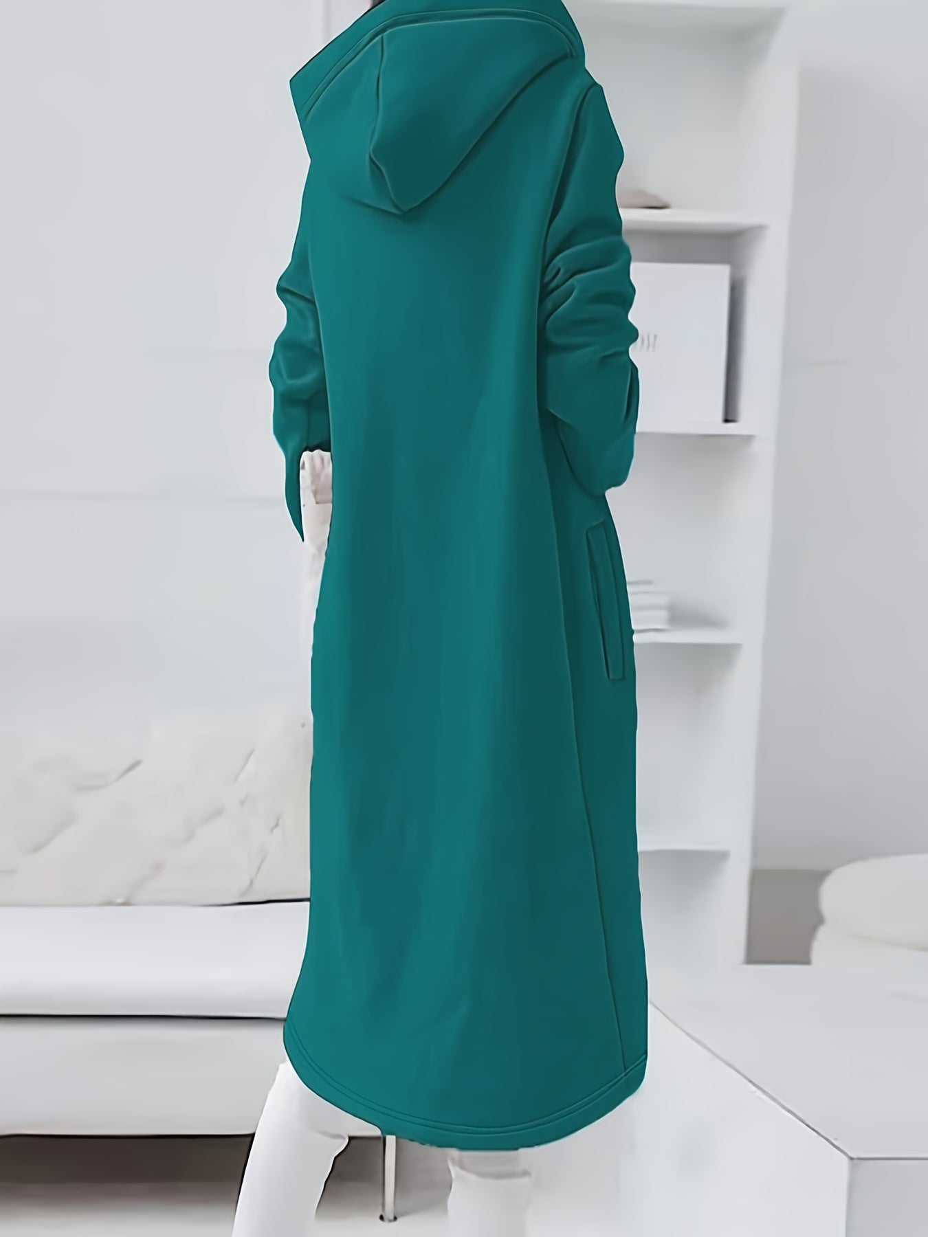 Plus Size Casual Coat, Women's Plus Solid Zip Up Long Sleeve Asymmetrical Hem Drawstring Hooded Coat