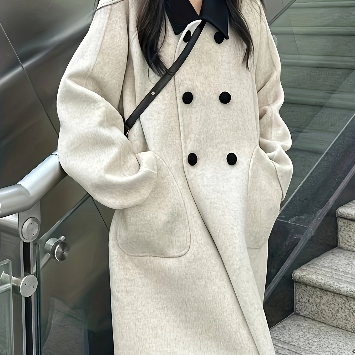 gbolsos Double Breasted Dual Pockets Coat, Long Sleeve Lapel Coat For Fall & Winter, Women's Clothing