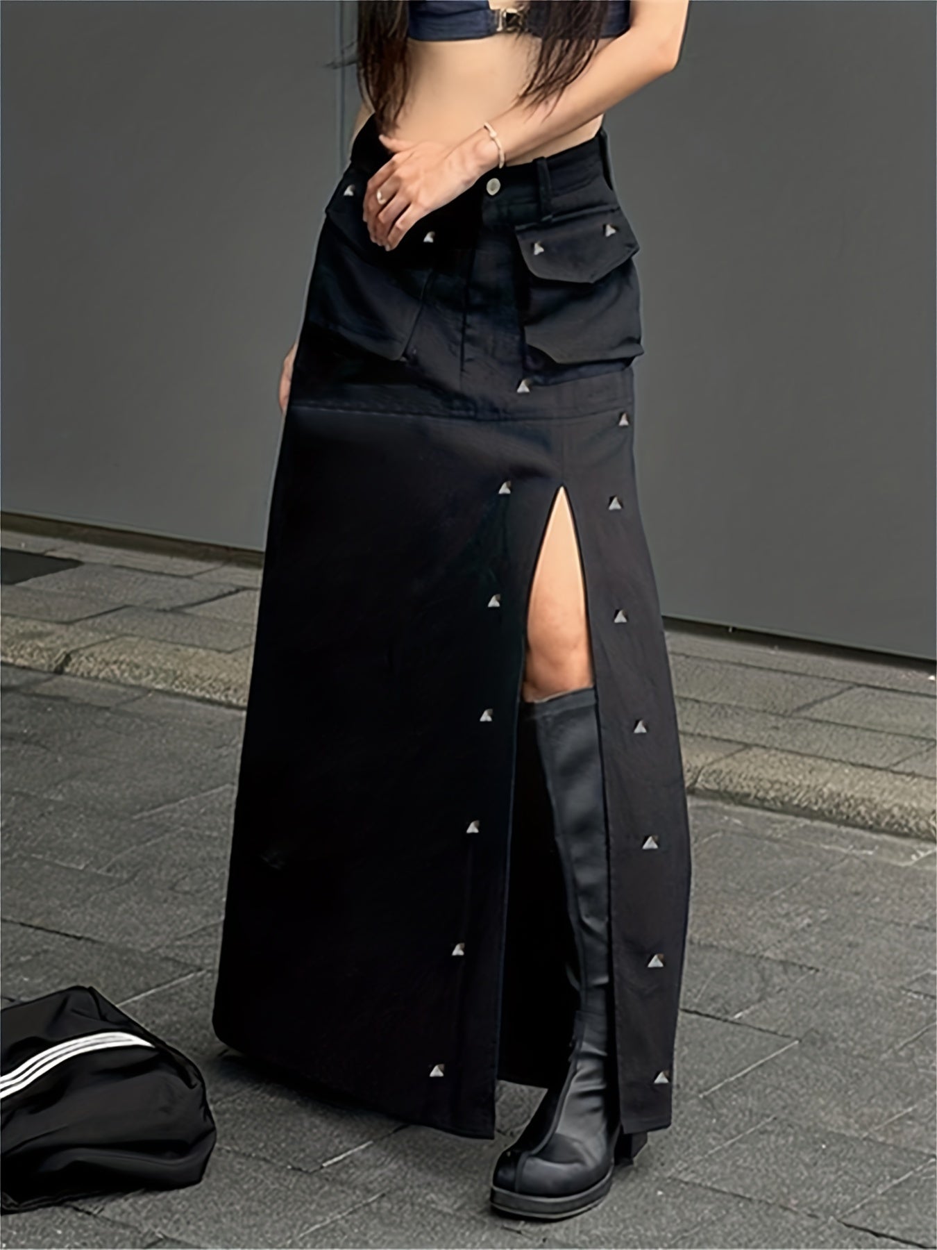 gbolsos Studded Flap Pocket Split Cargo Skirt, Y2K High Waist Loose Maxi Skirt, Women's Clothing