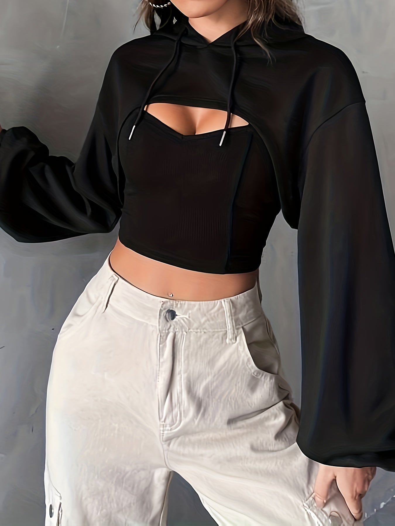 Solid Crop Drawstring Hoodie, Casual Dipped Hem Long Sleeve Fashion Sweatshirt, Women's Clothing