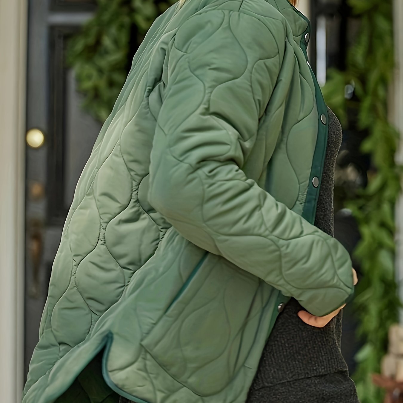 gbolsos Plus Size Casual Coat, Women's Plus Solid Quilted Long Sleeve Button Up Mock Neck Coat With Pockets