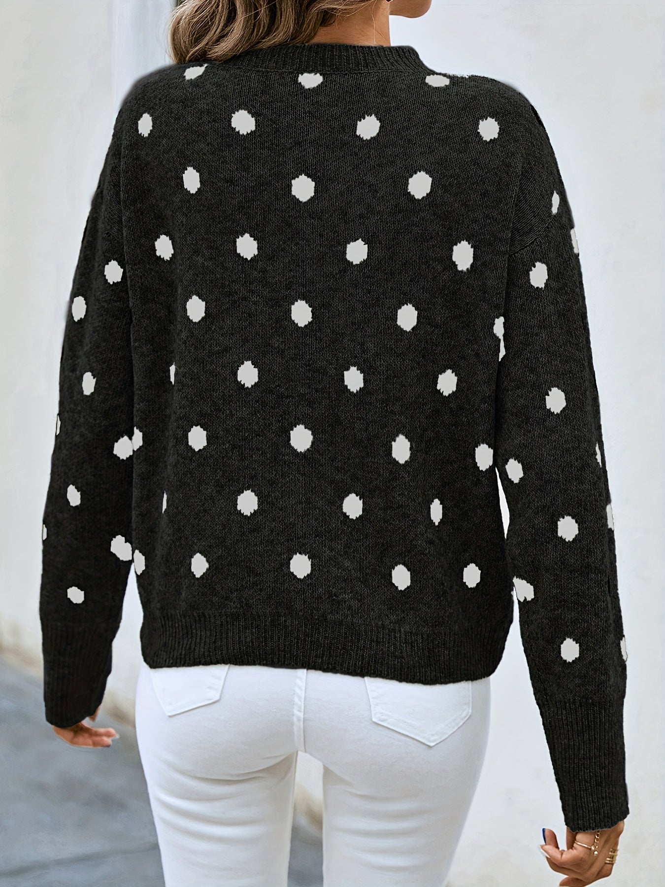 gbolsos Polka Dot Crew Neck Pullover Sweater, Casual Long Sleeve Sweater For Fall & Winter, Women's Clothing