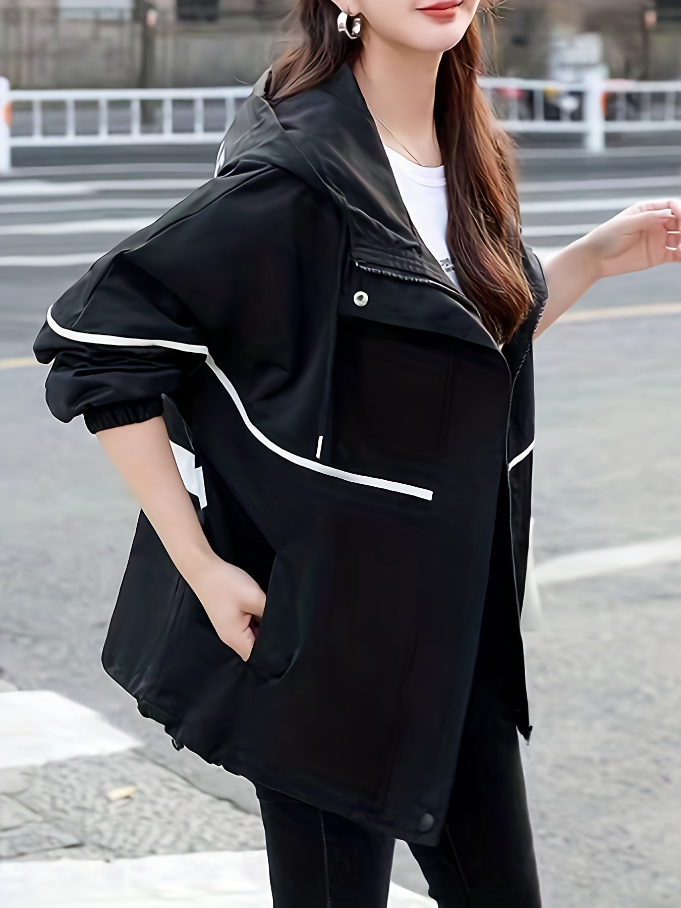 gbolsos Drawstring Pocket Hooded Jacket, Casual Long Sleeve Jacket For Spring & Fall, Women's Clothing