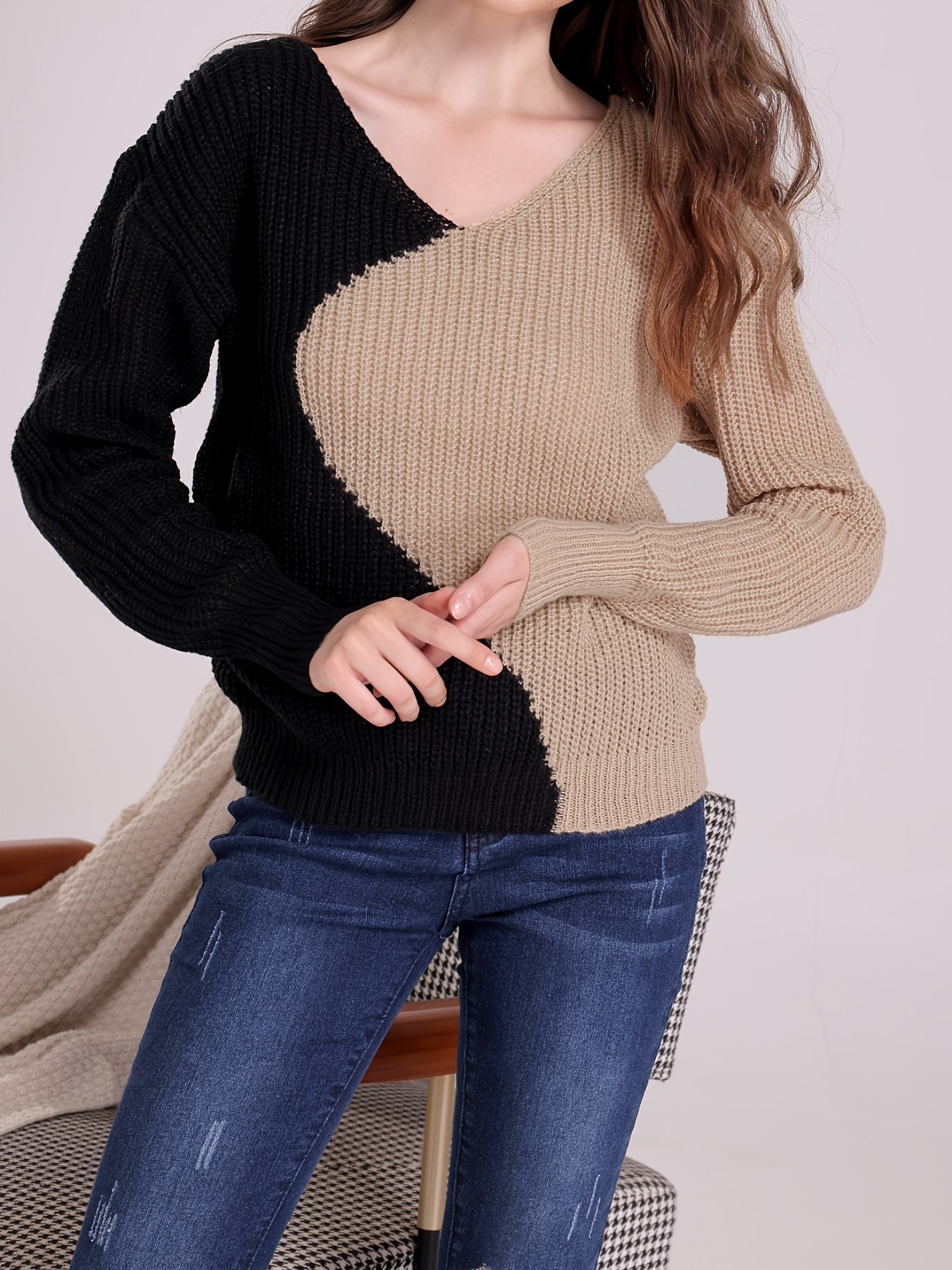 gbolsos Color Block Drop Shoulder Sweater, Casual V-neck Long Sleeve Sweater, Women's Clothing