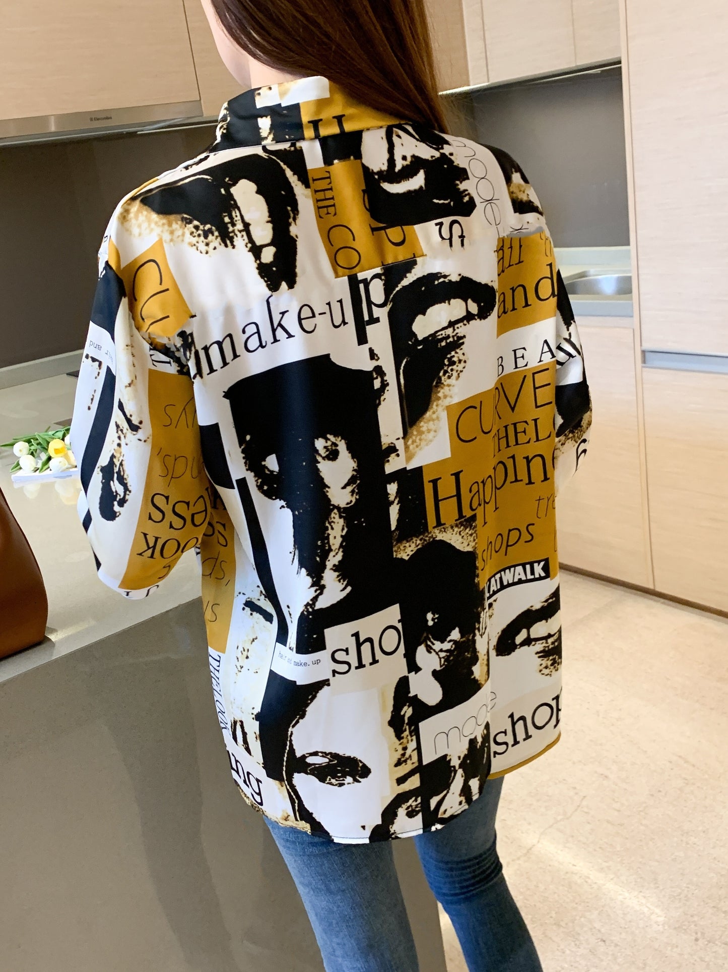 gbolsos Letter & Graphic Print Shirt, Street Wear Button Front Turn Down Collar Long Sleeve Shirt, Women's Clothing