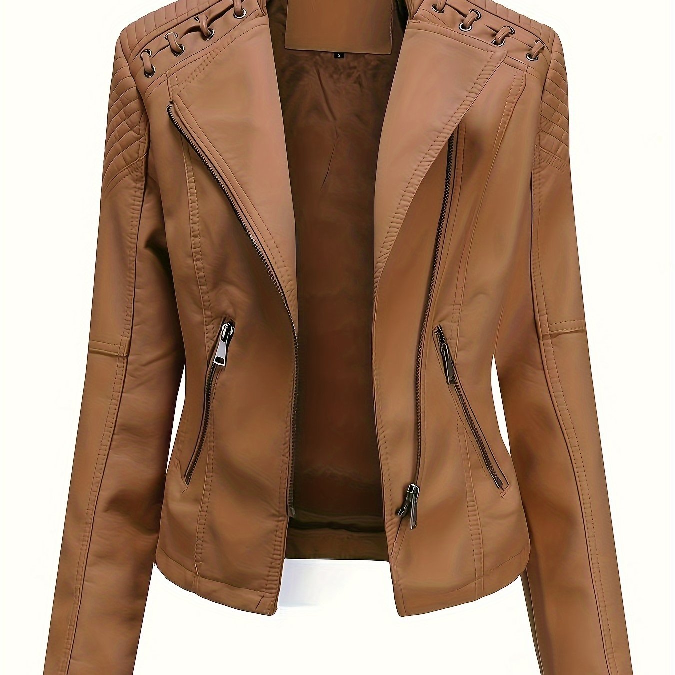 gbolsos Zipper Faux Leather Jacket, Casual Solid Long Sleeve Outerwear, Women's Clothing