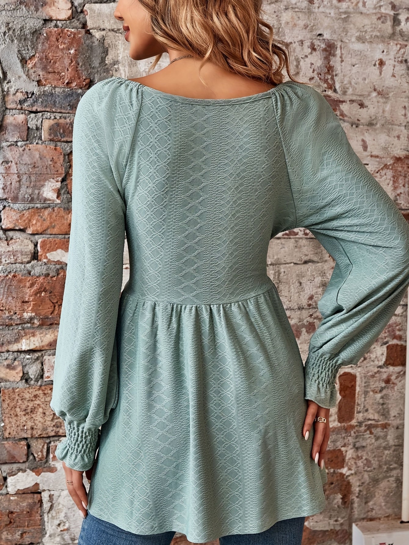 Solid Ruched Mini Dress, Casual Shirred Long Sleeve Dress, Women's Clothing