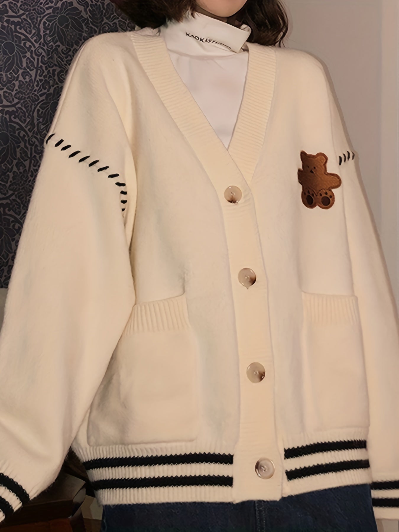 gbolsos Cute Bear Embroidered Cardigan, Casual Long Sleeve Cardigan For Fall & Winter, Women's Clothing