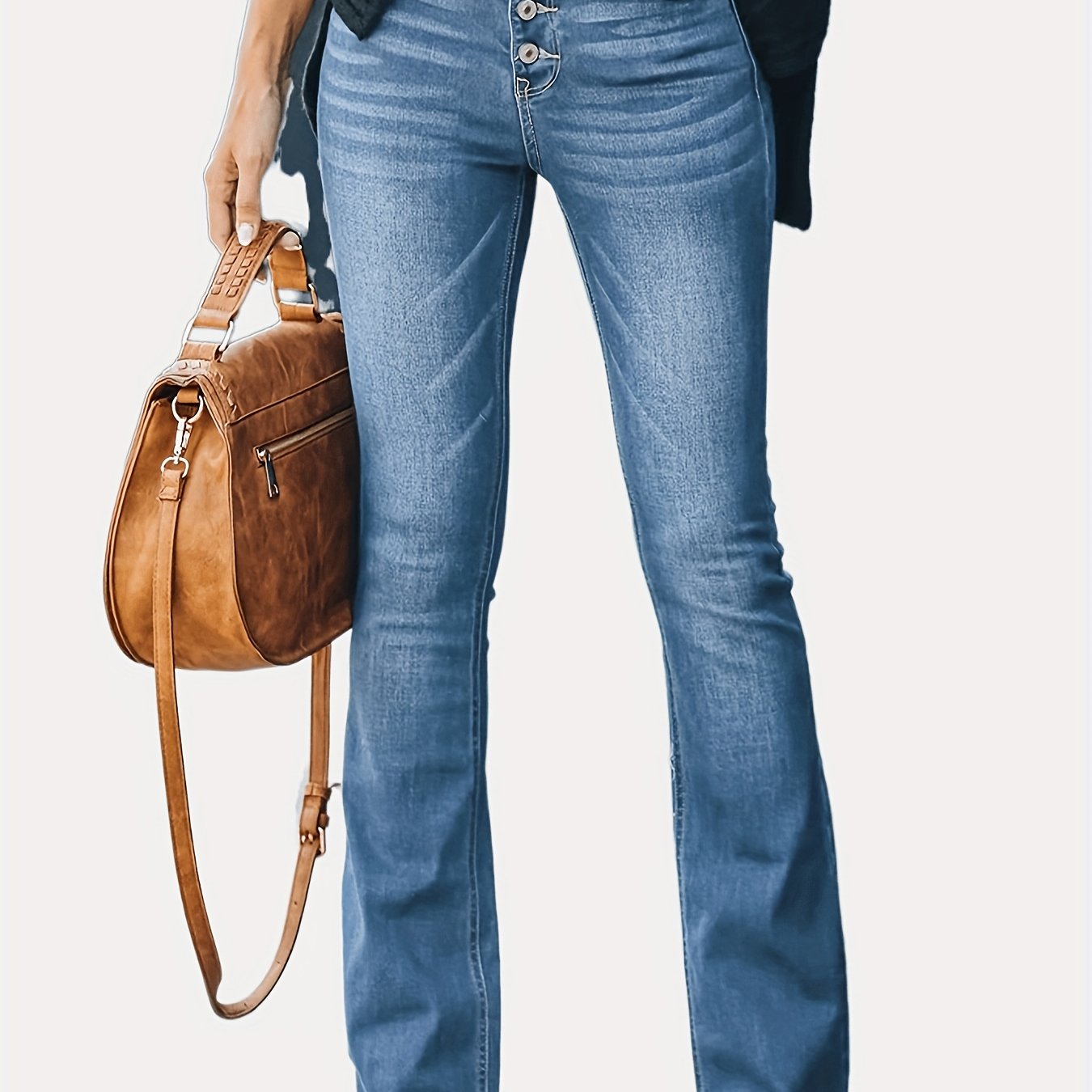gbolsos Embossed Crotch Button Bell Bottom Jeans, Stretchy Slim Fitting Slash Pockets Bootcut Pants, Women's Denim & Clothing