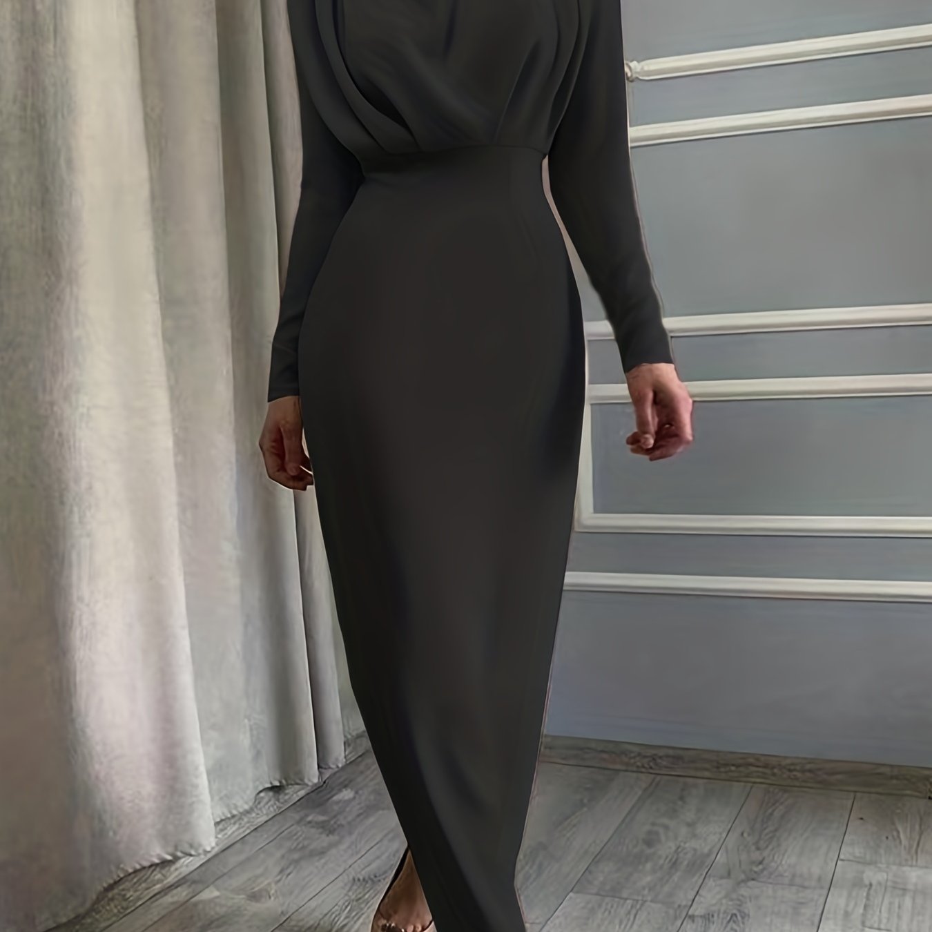 Solid Ruched Dress, Elegant Simple Long Sleeve Slim Waist Dress, Women's Clothing
