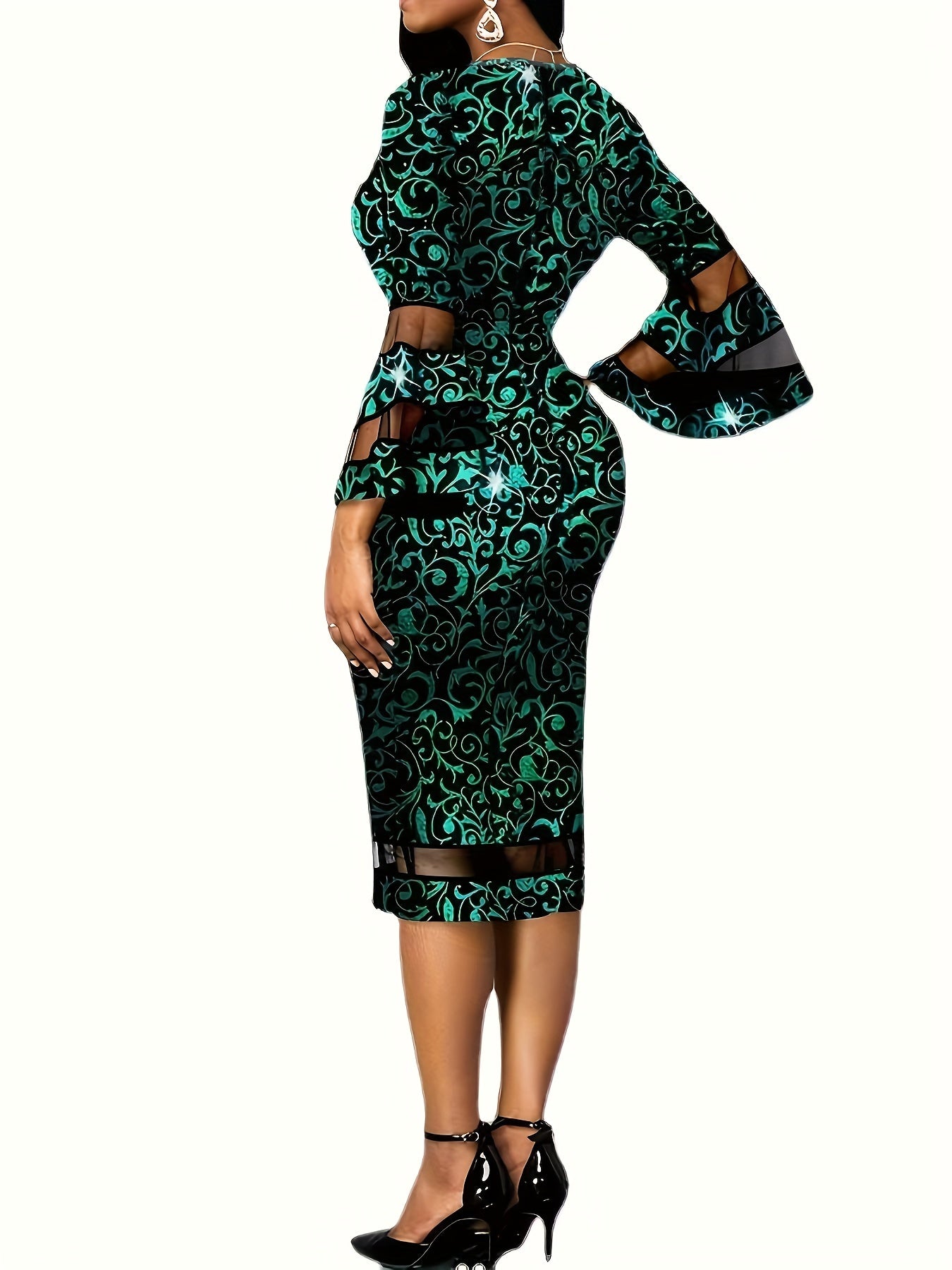 gbolsos Plus Size Elegant Dress, Women's Plus Braque Print Contrast Mesh Trumpet Sleeve V Neck Slim Fit Party Dress