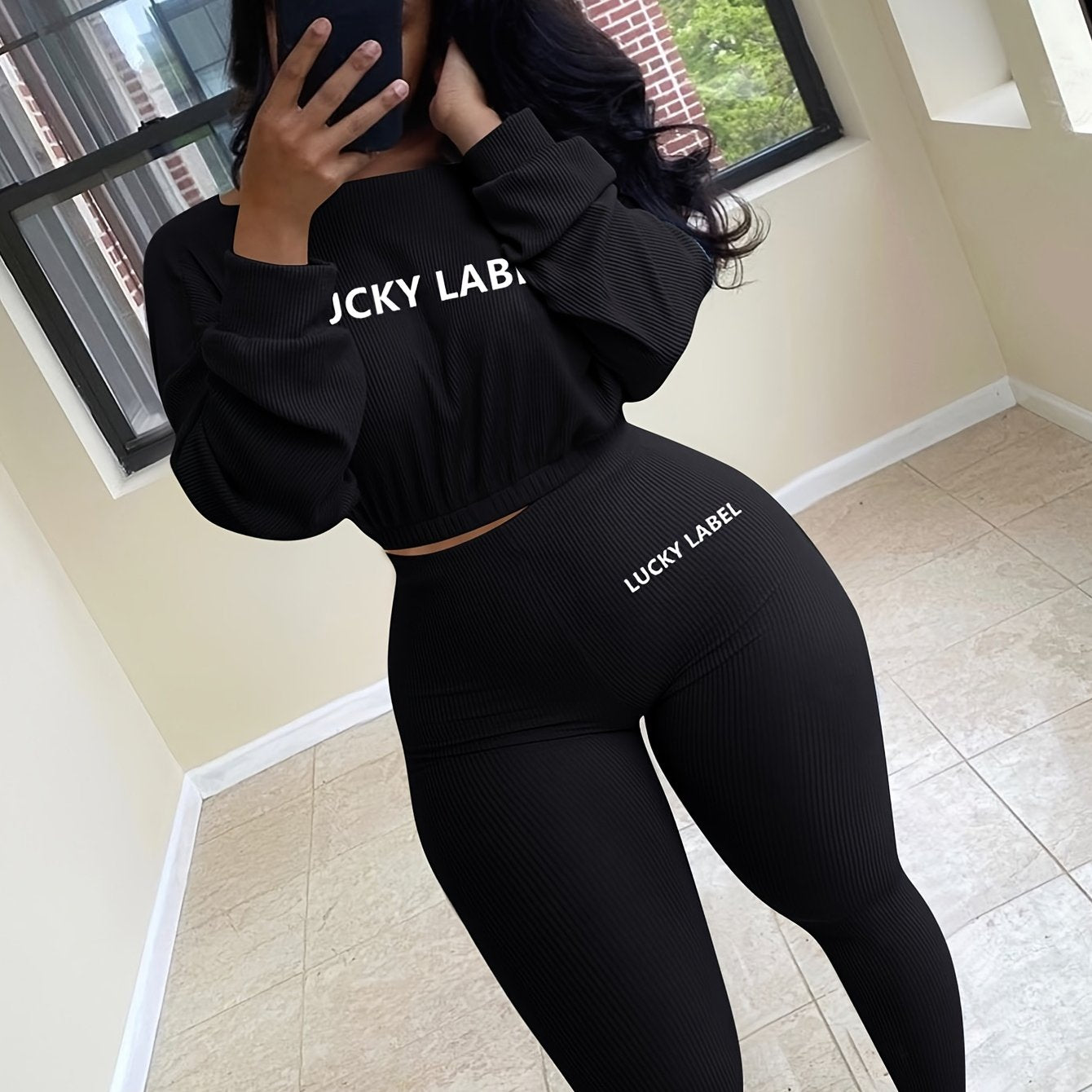 gbolsos Letter Print 2pc Set, Drop Shoulder Crew Neck Sweatshirt & Elastic Waist Jogging Pants Set, Women's Clothing