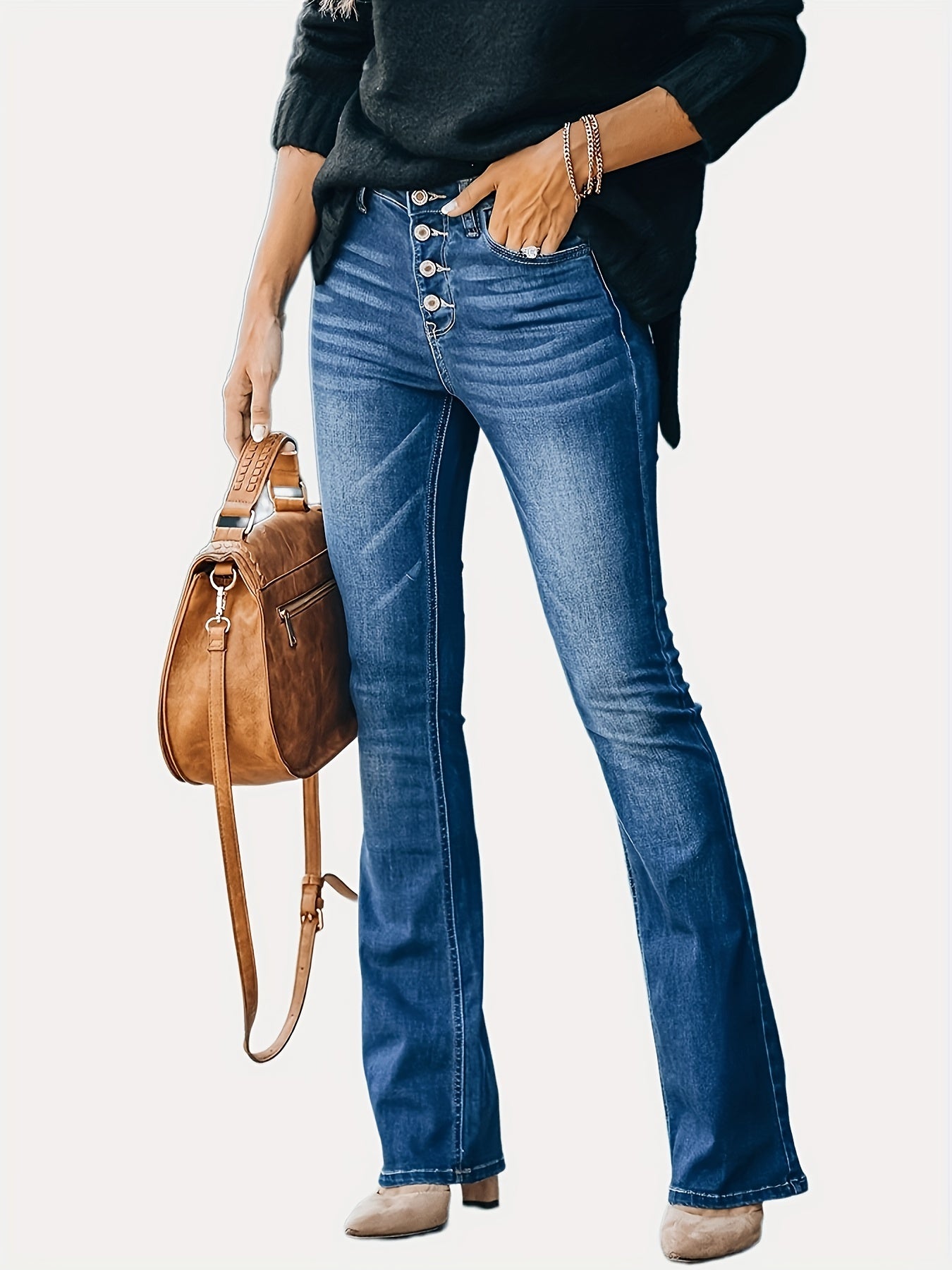 gbolsos Embossed Crotch Button Bell Bottom Jeans, Stretchy Slim Fitting Slash Pockets Bootcut Pants, Women's Denim & Clothing