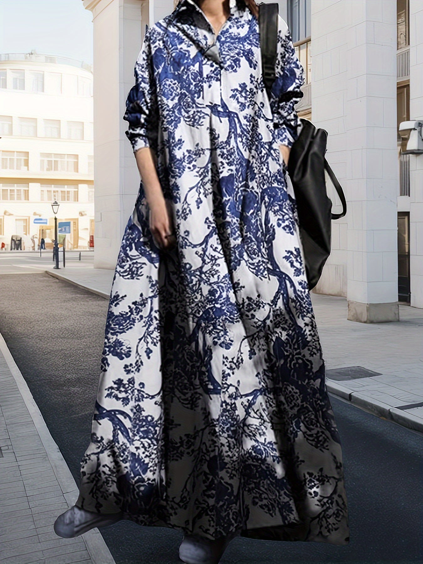 gbolsos Vintage Graphic Print V-neck Dress, Elegant Long Sleeve Maxi Dress For Spring & Fall, Women's Clothing
