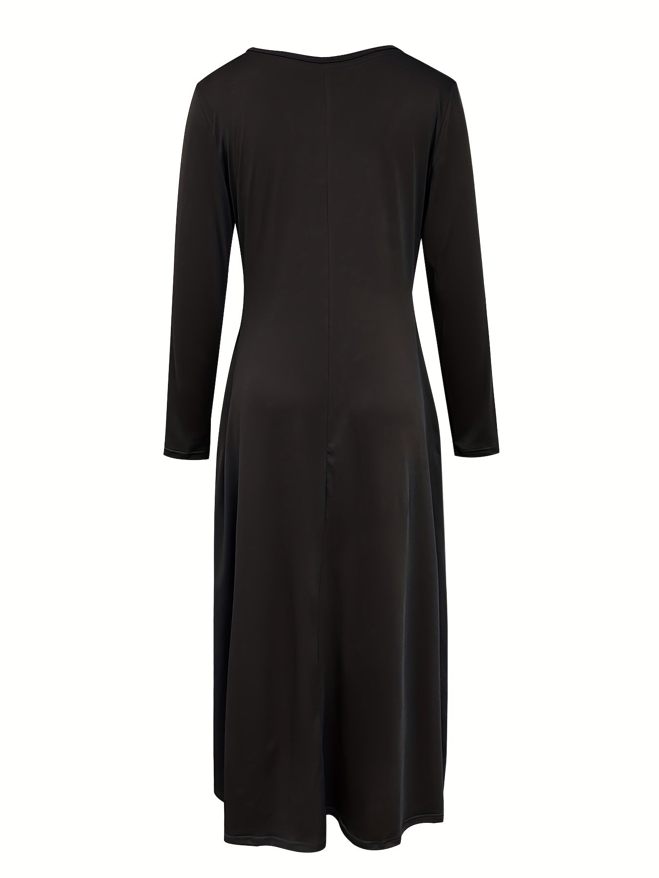 Solid Pocket Crew Neck Dress, Casual Long Sleeve Dress For Spring & Fall, Women's Clothing