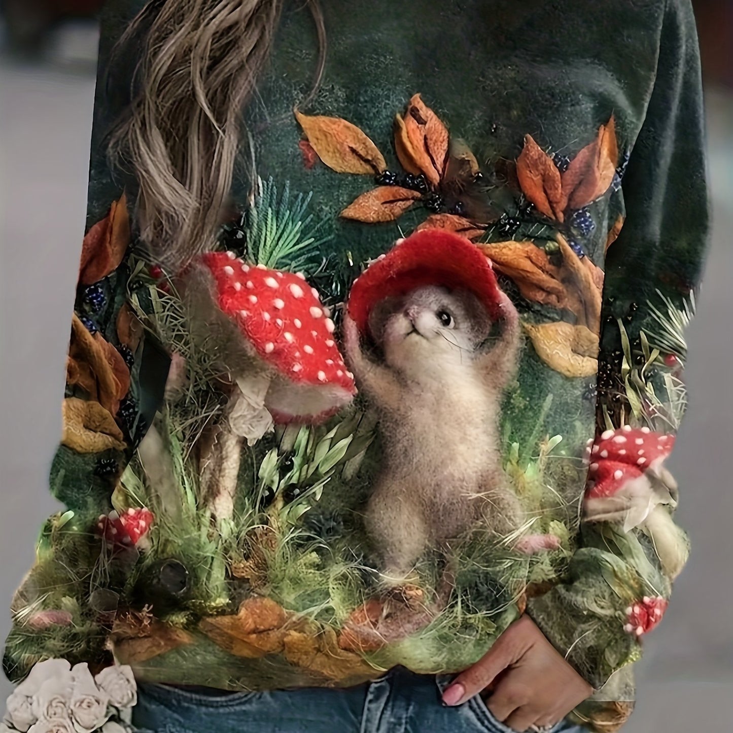 gbolsos Mushroom & Animal Print Crew Neck T-Shirt, Casual Long Sleeve Top For Spring & Fall, Women's Clothing