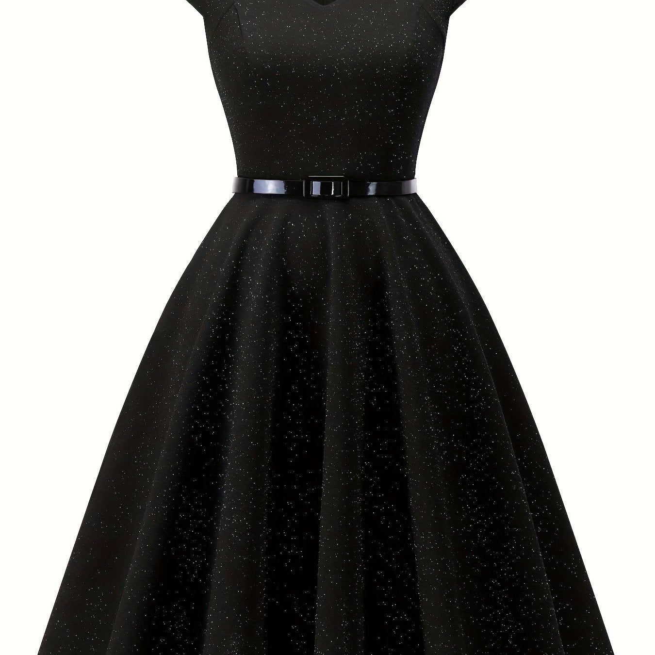 gbolsos Solid Color Cap Sleeve Dress, Vintage V Neck A-line Flare Dress, Women's Clothing