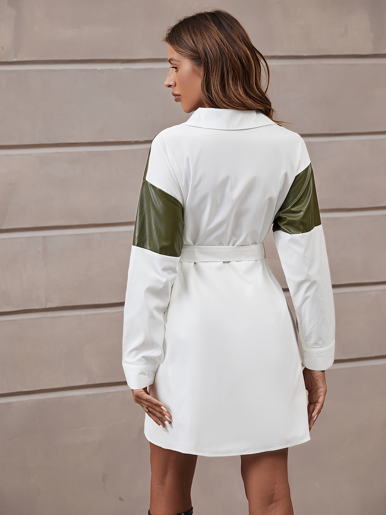 gbolsos Lapel Color Block Dress, Casual Loose Long Sleeve V-neck Belt Waist Dresses, Women's Clothing
