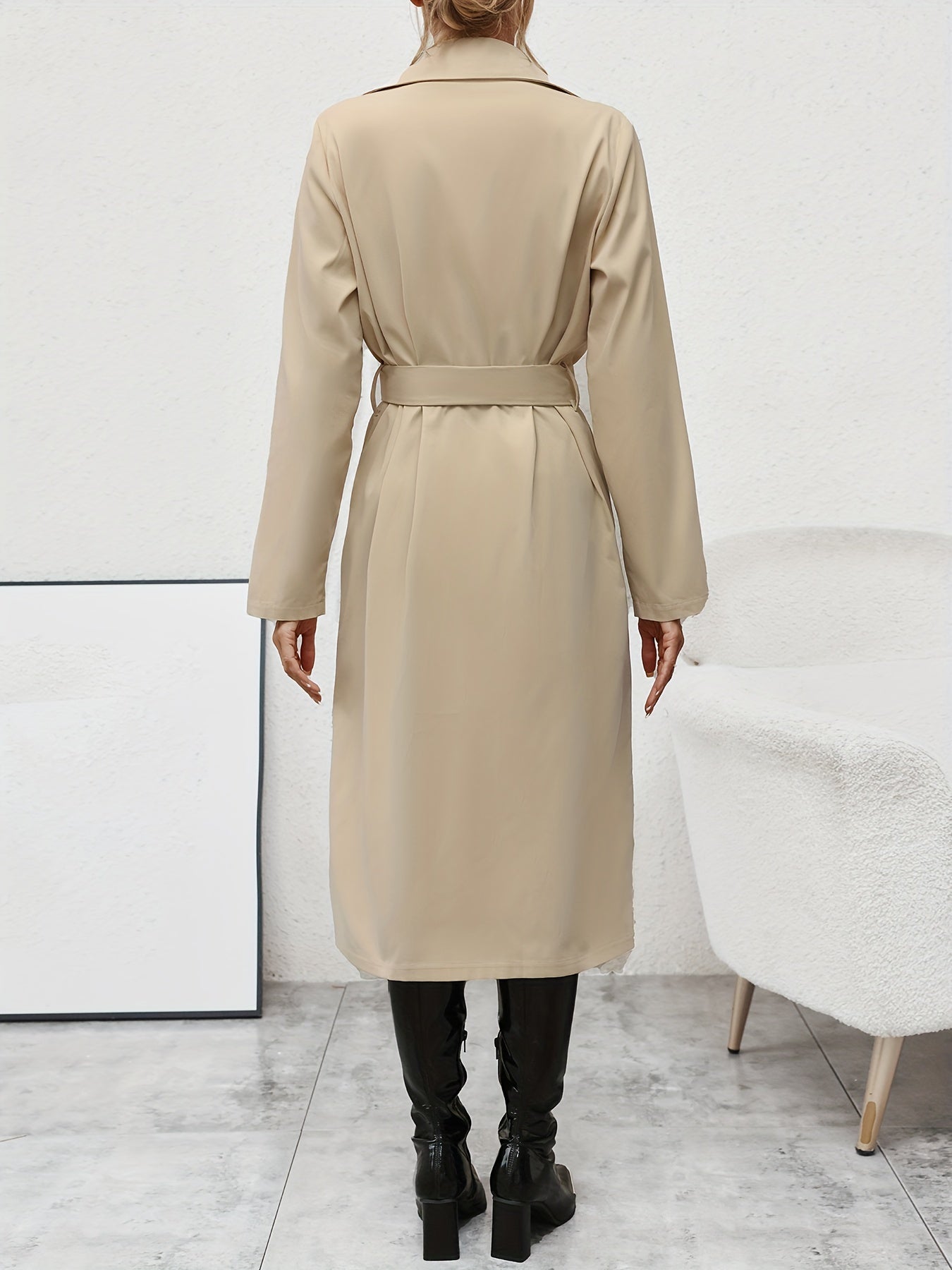 gbolsos Double Breasted Lapel Trench Coat, Elegant Open Front Long Sleeve Outerwear, Women's Clothing