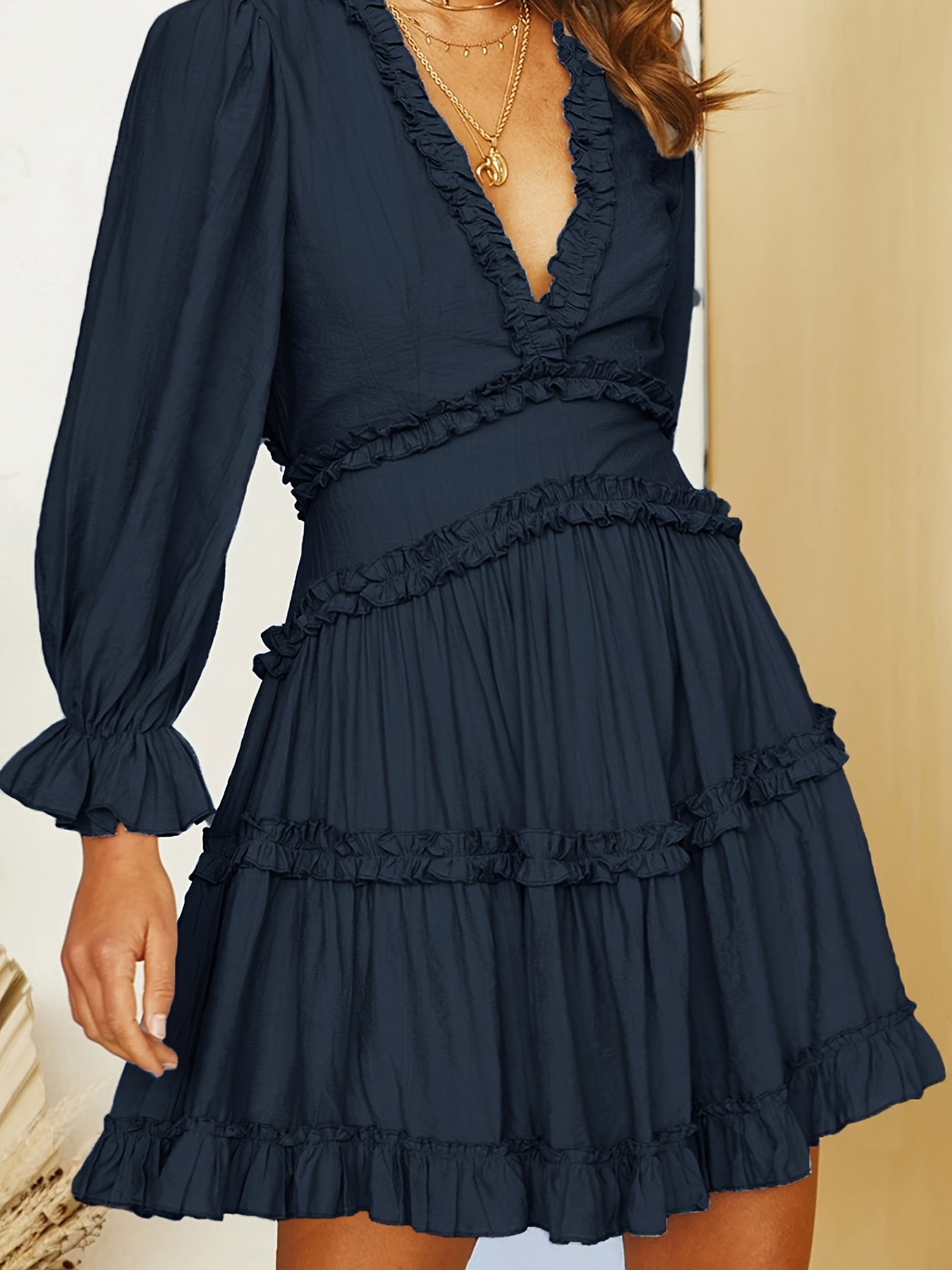 gbolsos Deep V Neck Ruffle Dress, Cut Out Long Sleeve Casual Dress For Spring & Fall, Women's Clothing