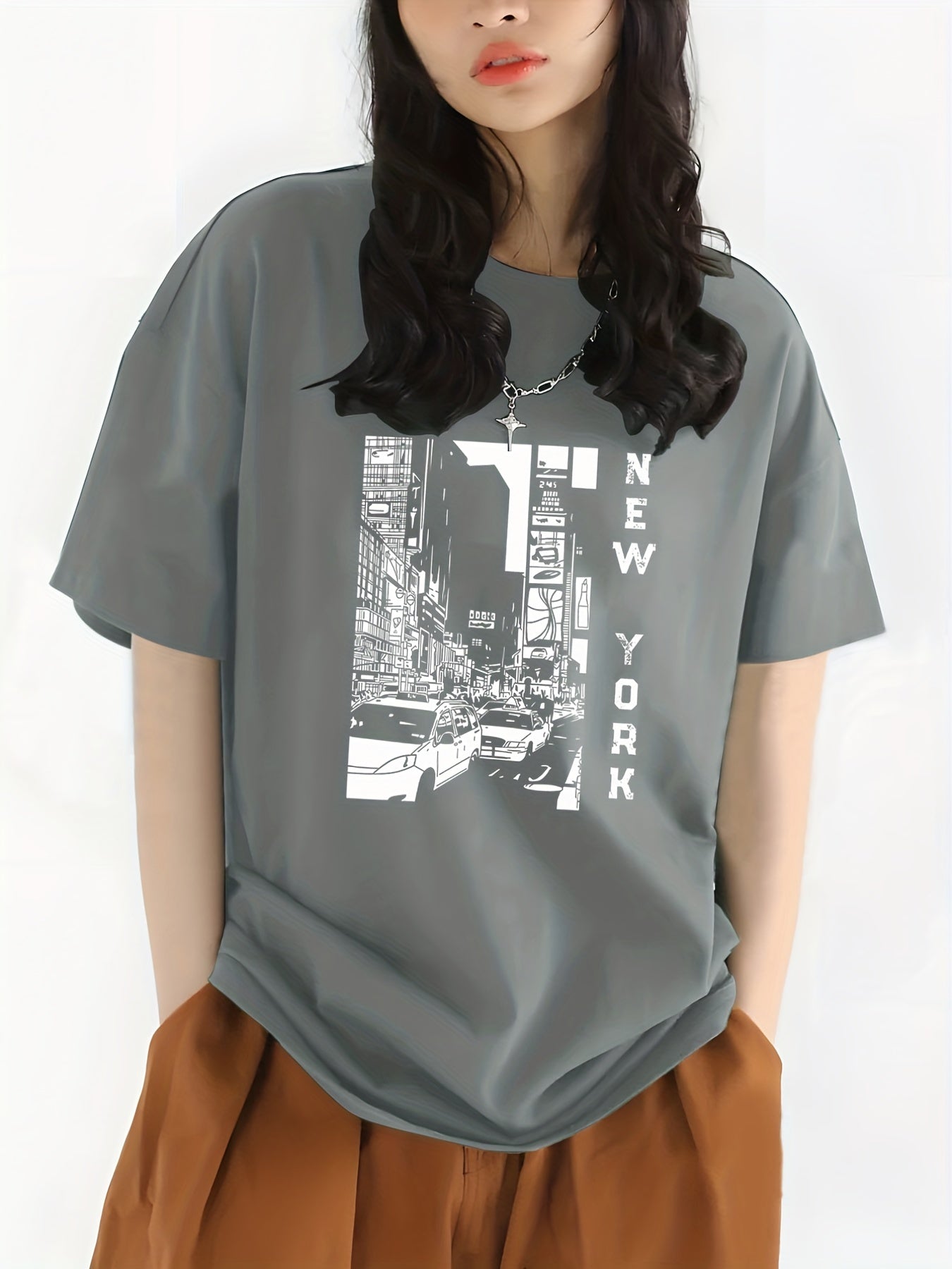 gbolsos City View & New York Letter Print Crew Neck Casual T-Shirt, Solid Color Short Sleeve Fashion Pullover Top, Women's Clothing